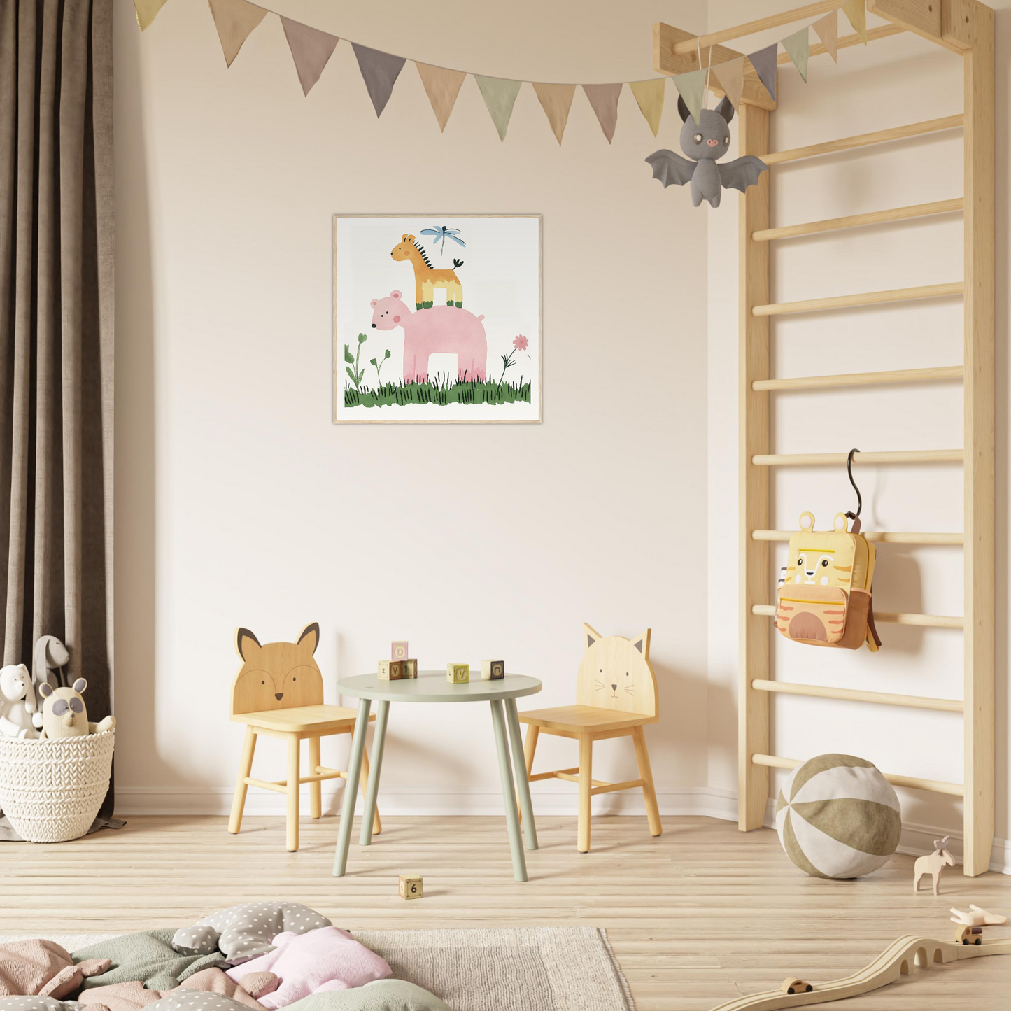 Children’s play area featuring animal-themed chairs and a small round table in Pastel Safari Flux