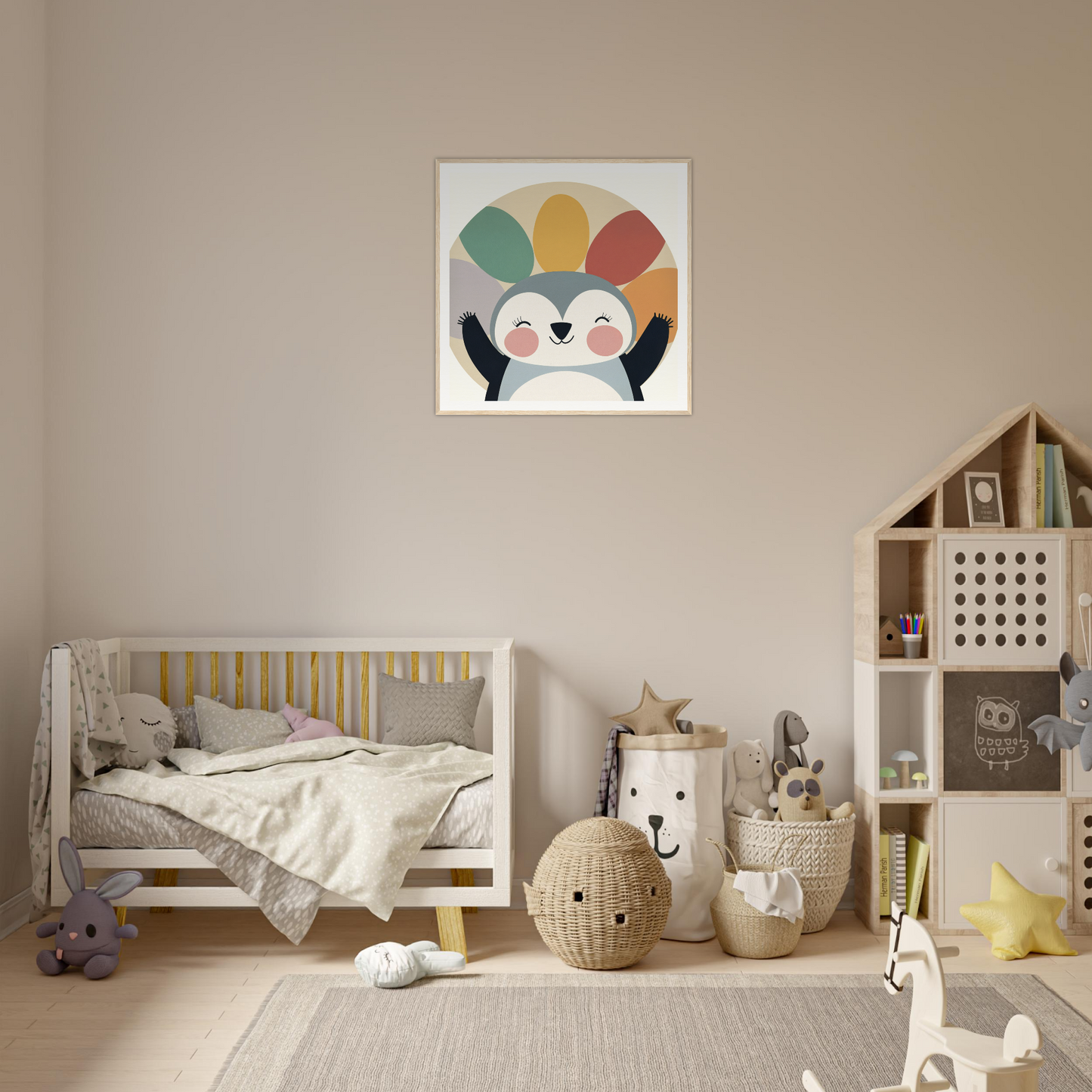 Wooden crib with gray bedding and yellow accents from Penguin Rejoices Silently special edition art™