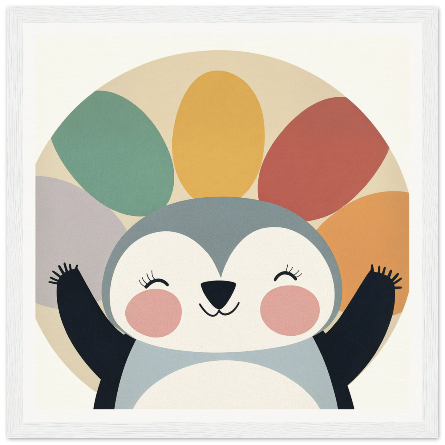 Cute cartoon penguin with flippers raised and rainbow arc in special edition art™