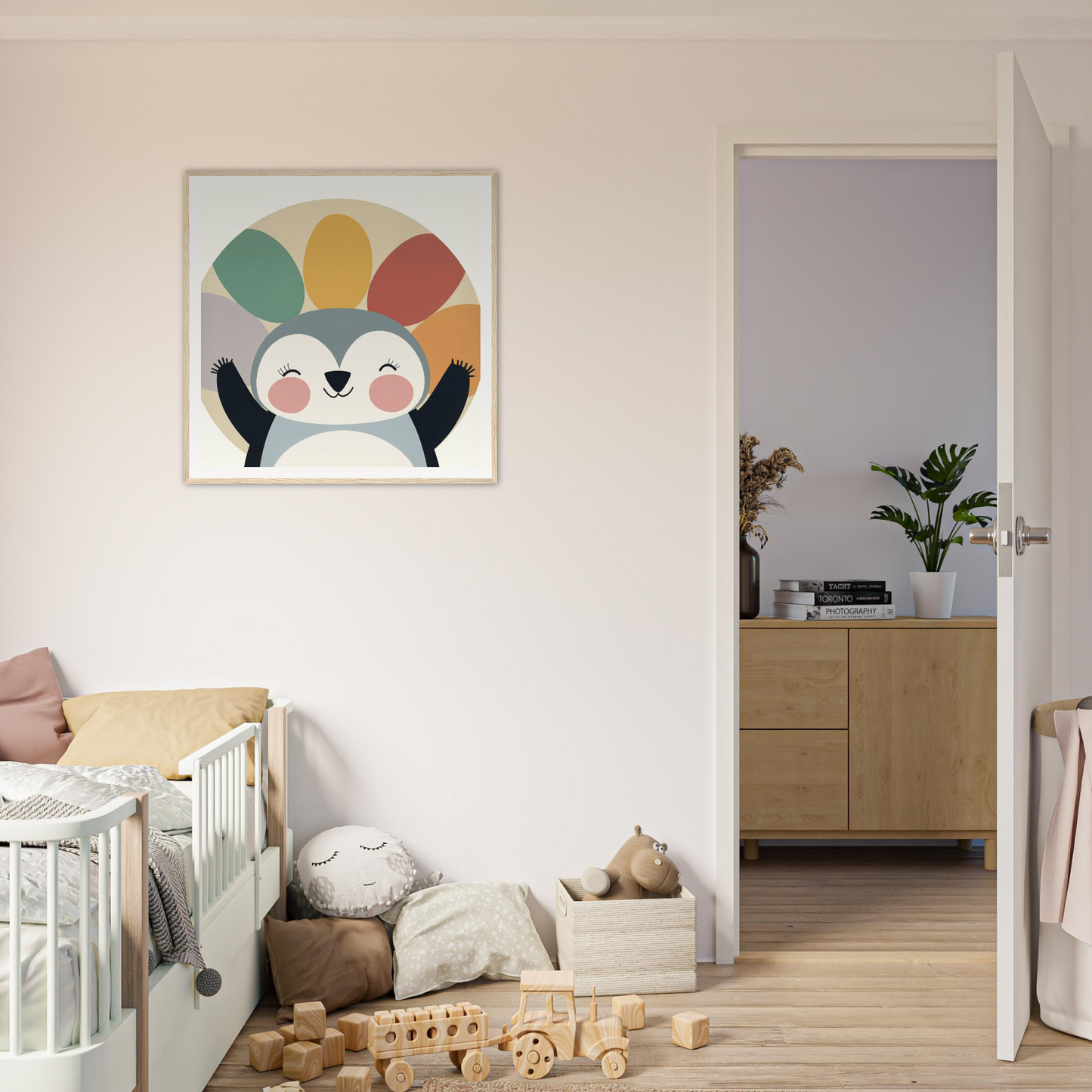 Colorful Penguin Rejoices Silently artwork with rainbow fan design, special edition art™