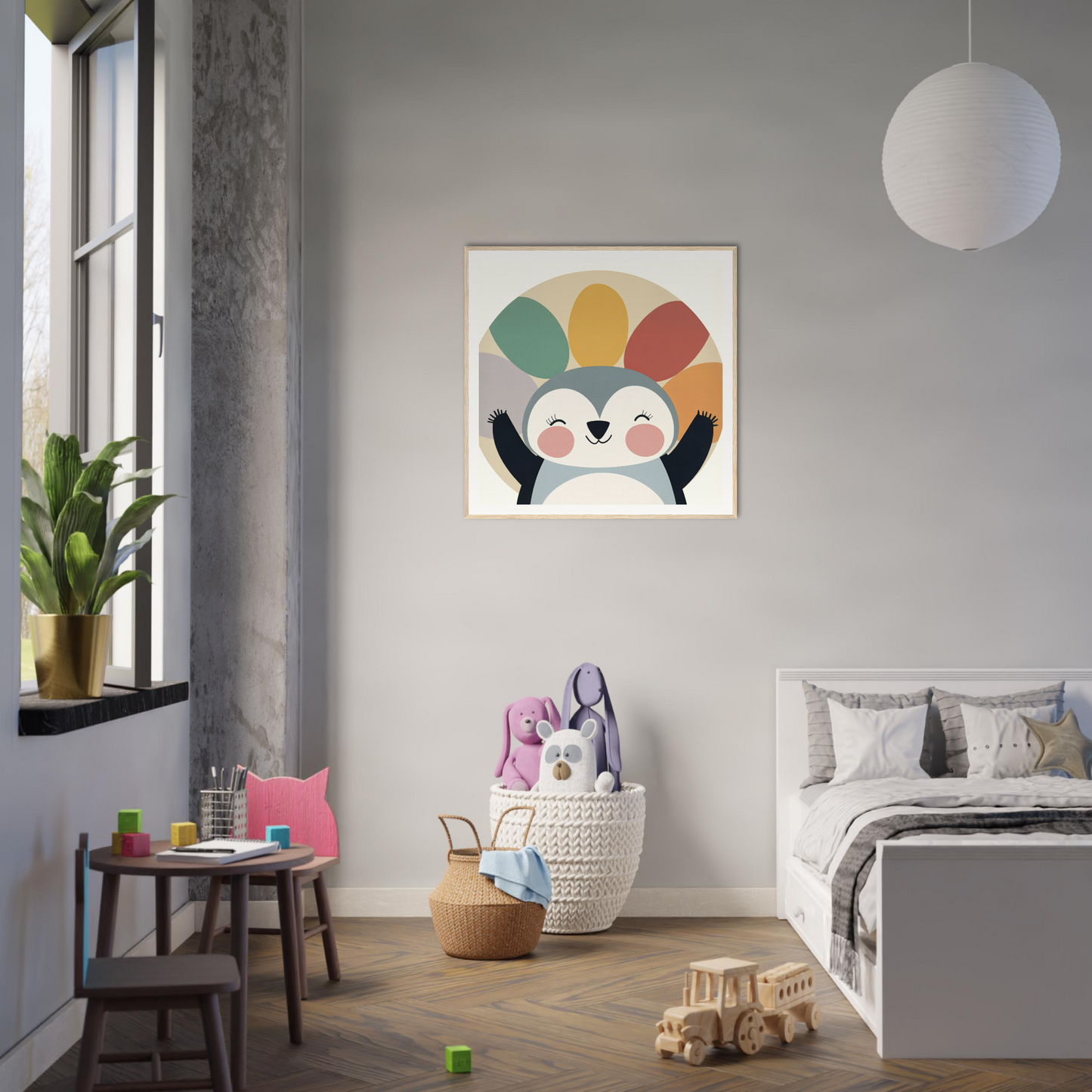 Colorful Penguin Rejoices Silently artwork with rainbow semicircle, special edition art™