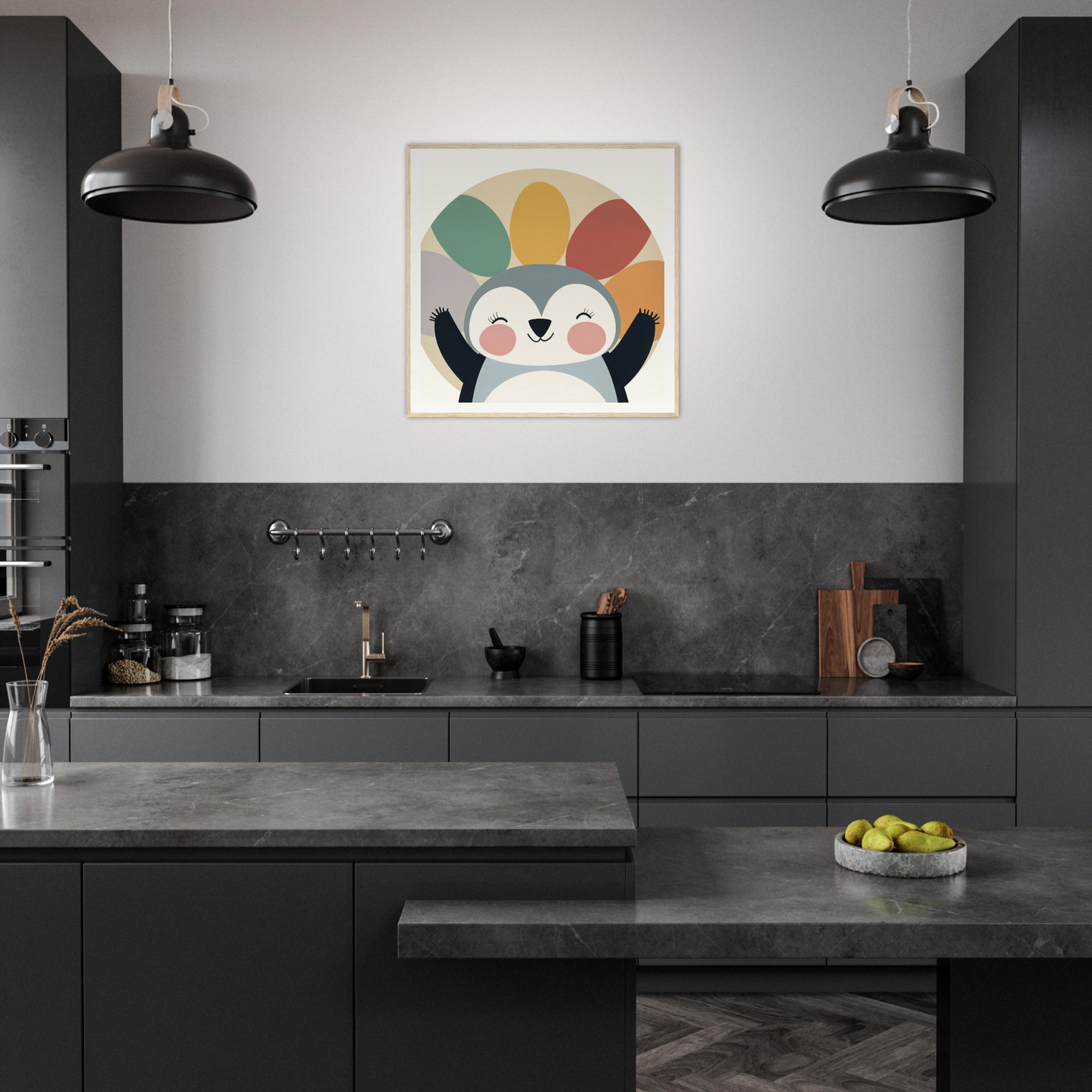Modern dark gray kitchen featuring Penguin Rejoices Silently special edition art™