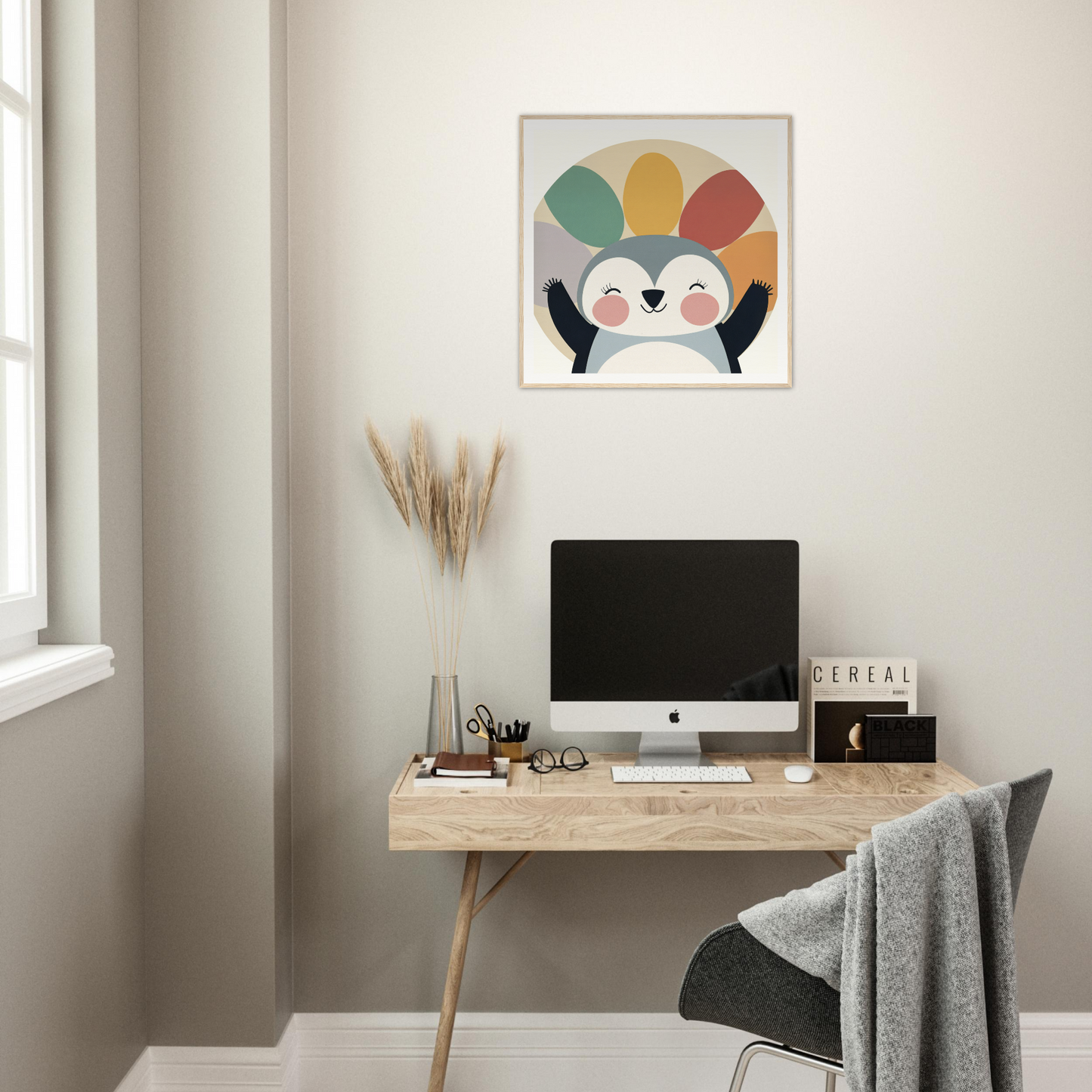 Minimalist wooden desk with an iMac and Penguin Rejoices Silently special edition art™