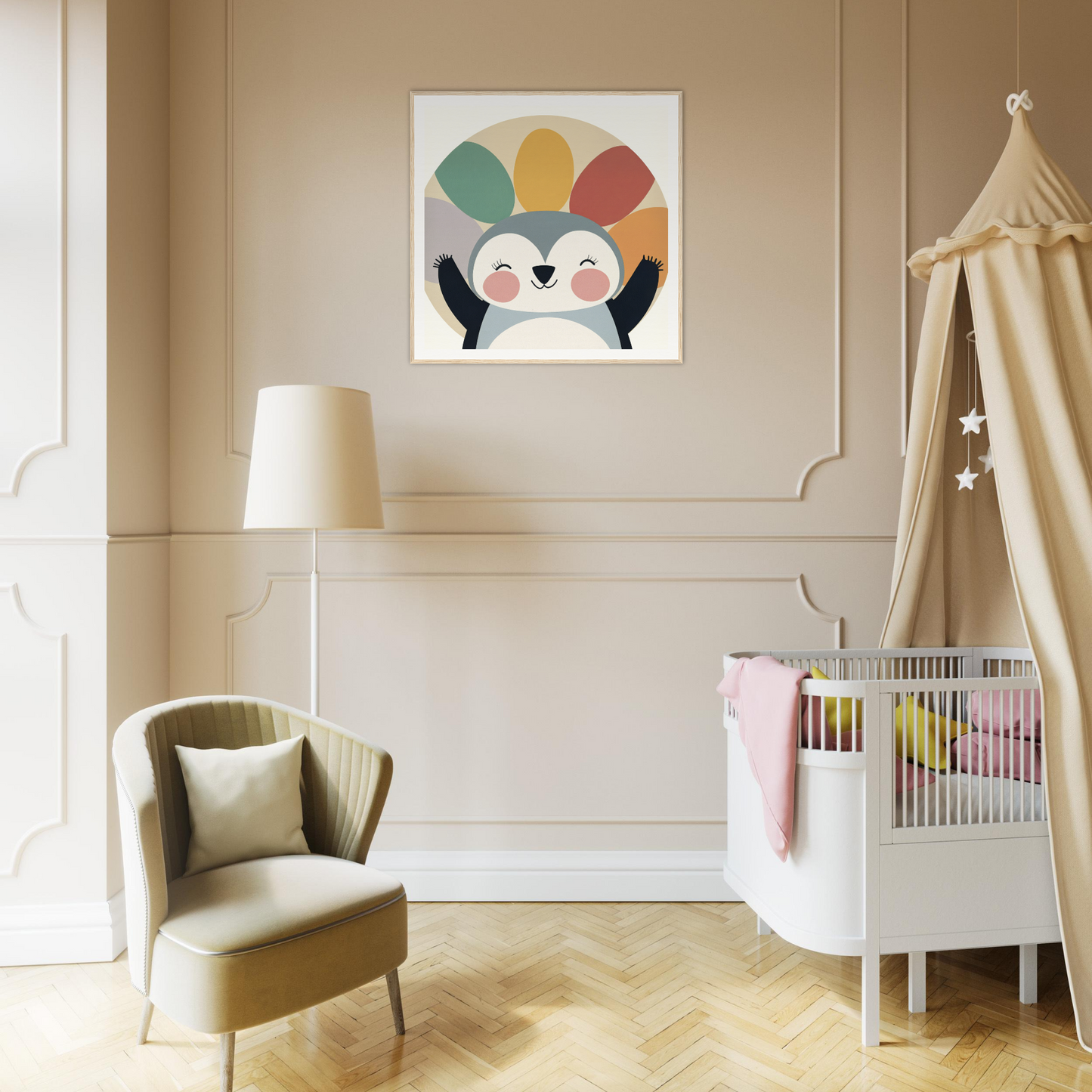 Cute cartoon penguin artwork with colorful semicircles for Special Edition Art™