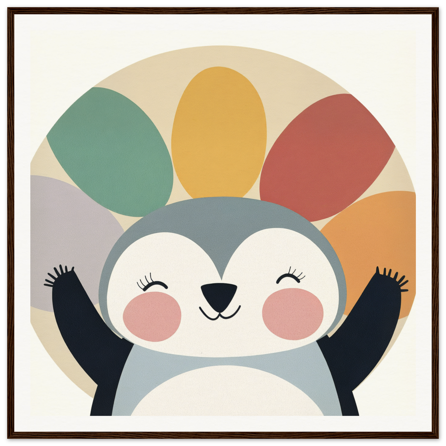 Cute cartoon penguin with rosy cheeks under a rainbow in special edition art™