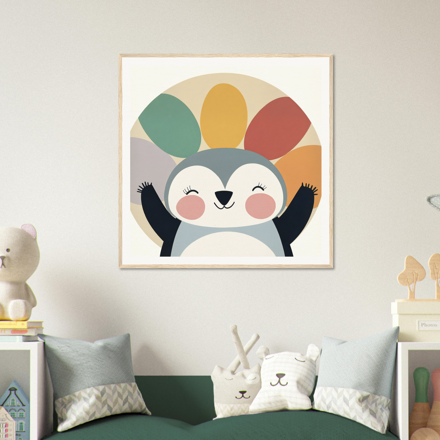 Cheerful cartoon penguin under a rainbow in Special Edition Art™ design