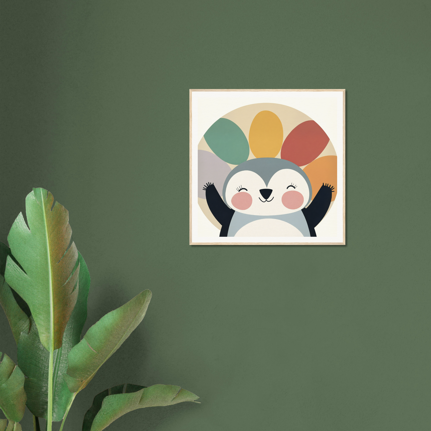 Framed special edition art of a cheerful penguin with colorful semicircles above