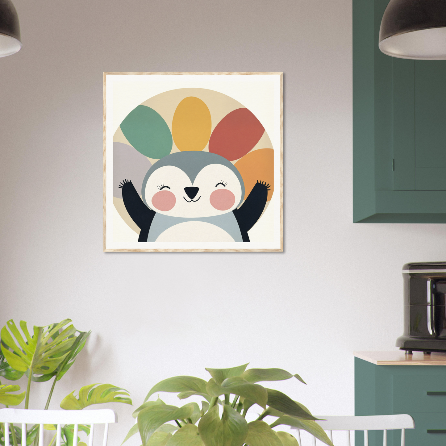 Cheerful cartoon penguin beneath rainbow in special edition art™ showcasing joy