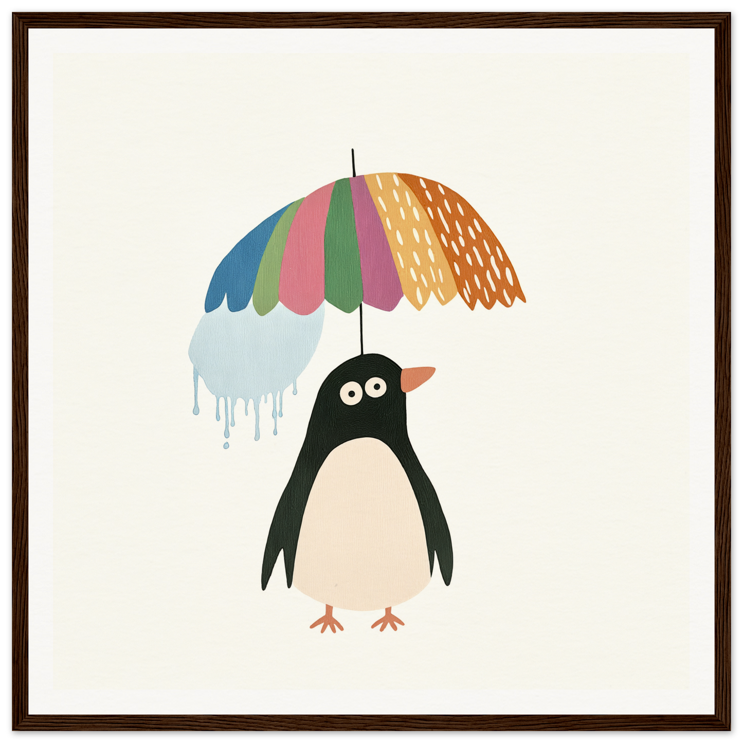 Penguin holding a colorful umbrella with dripping water from Penguin Umbrella Revel
