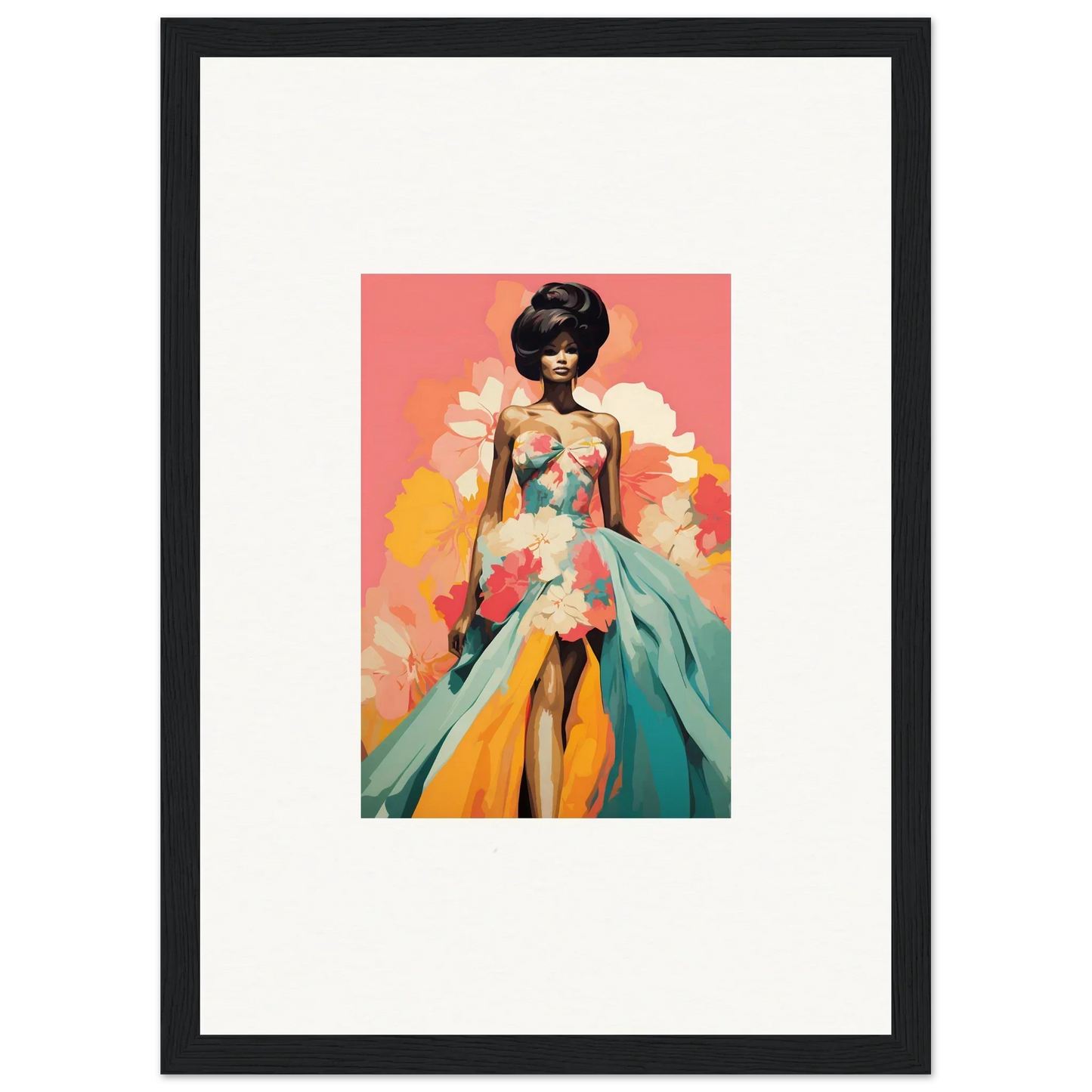 Framed wall art of a figure in a turquoise-orange dress from Petal Encounters Masquerade