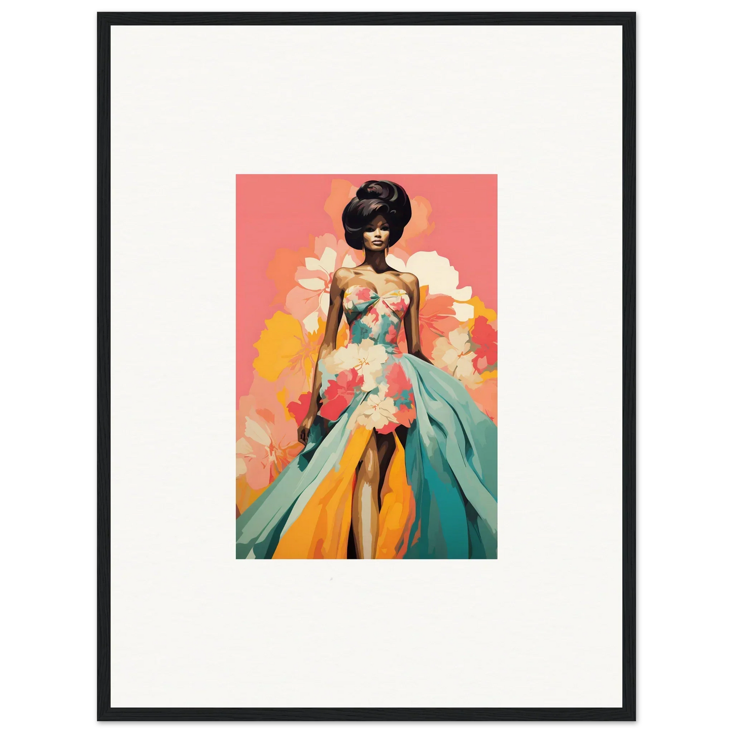 Framed wall art of a figure in a turquoise gown for Petal Encounters Masquerade