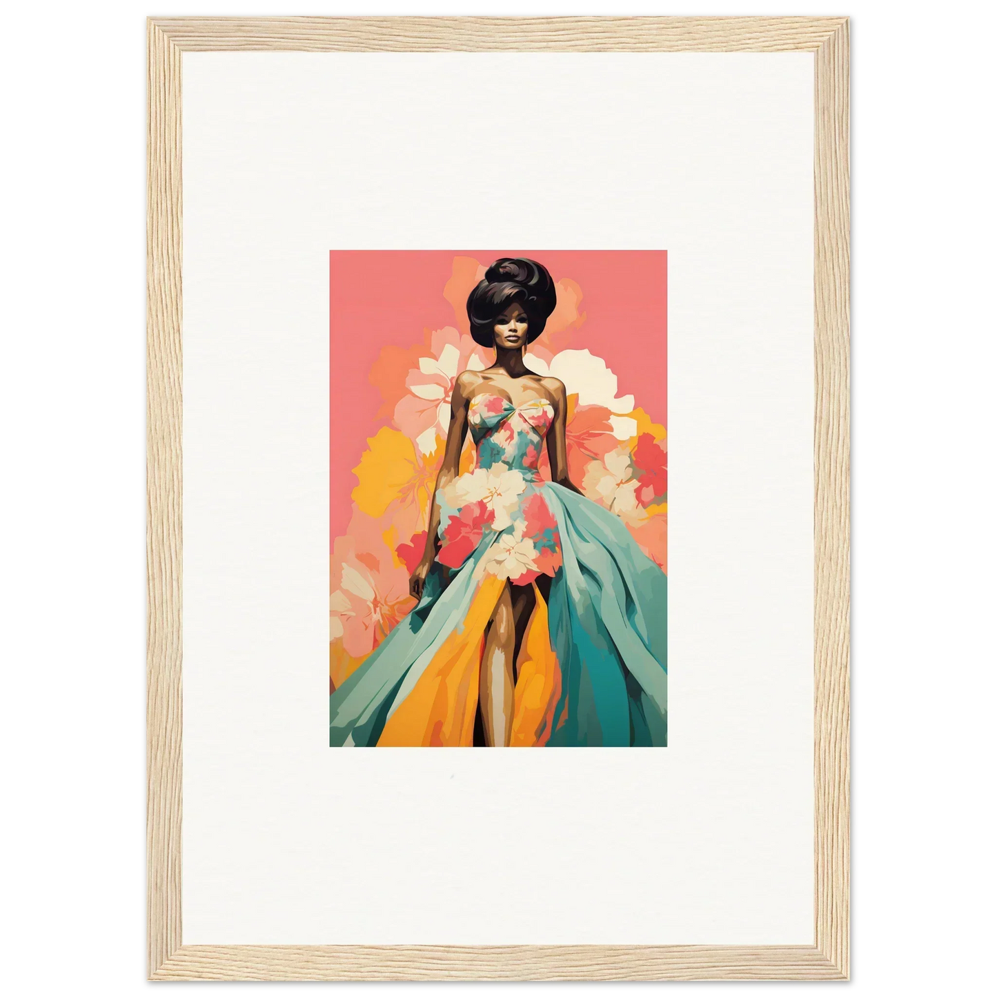 Framed wall art of a figure in turquoise and orange for Petal Encounters Masquerade