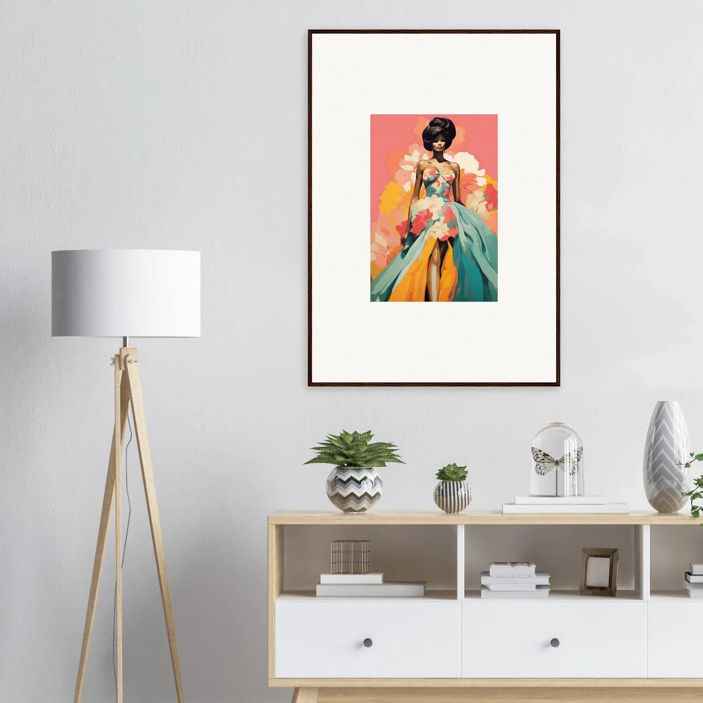 Framed wall art of Petal Encounters Masquerade with a vibrant figure on coral background