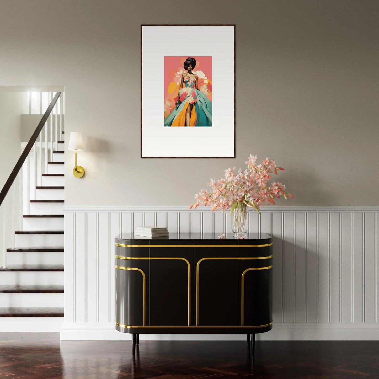 Art Deco black credenza with gold trim in Petal Encounters Masquerade special edition