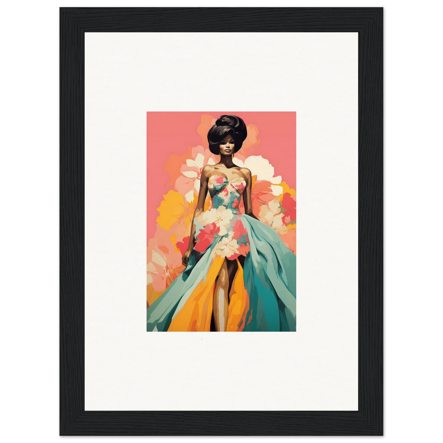 Framed wall art of a figure in a flowing dress from Petal Encounters Masquerade