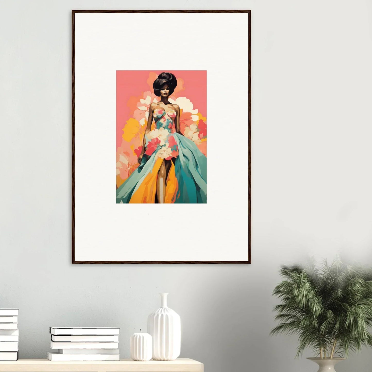 Framed wall art of Petal Encounters Masquerade features a figure in a vibrant dress