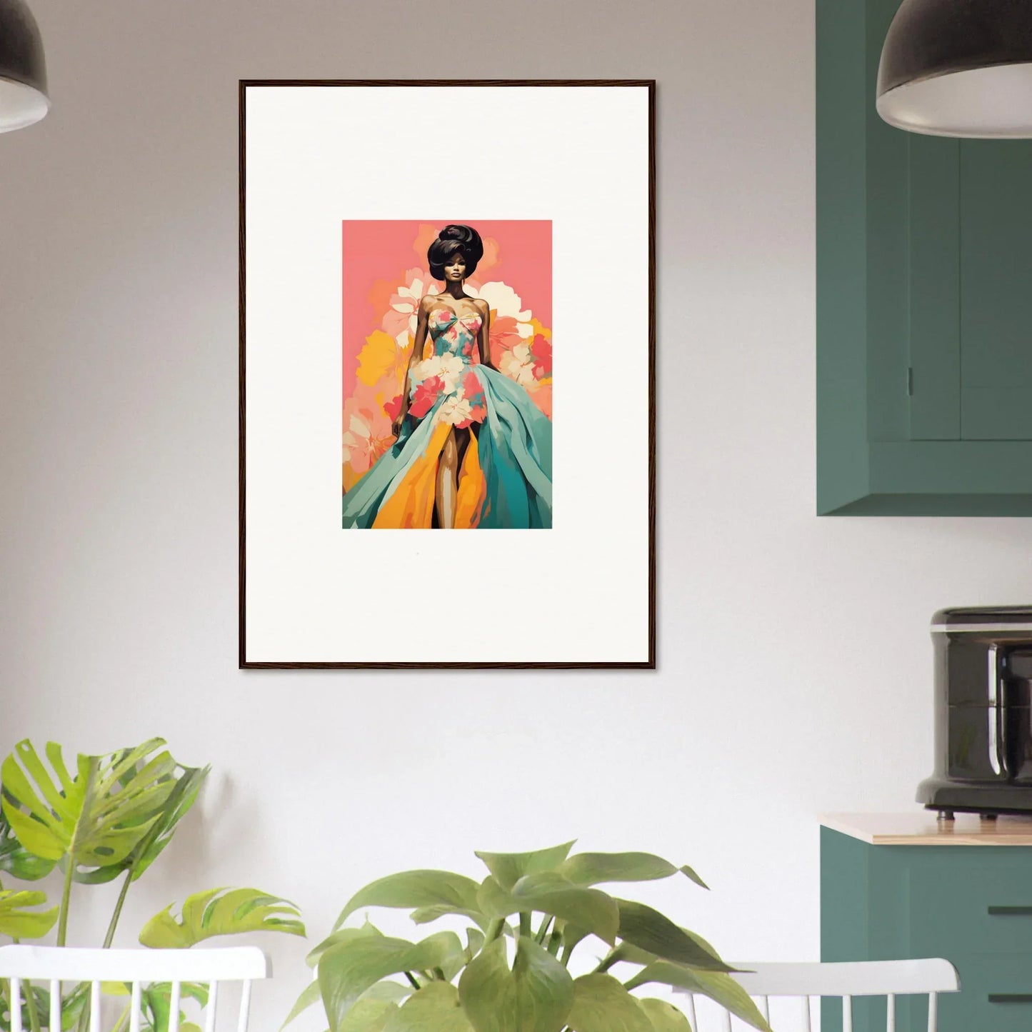 Framed wall art of Petal Encounters Masquerade in vibrant turquoise and coral