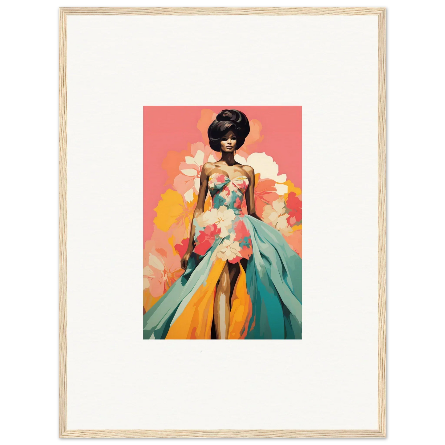 Framed wall art of a figure in turquoise and orange dress for Petal Encounters Masquerade