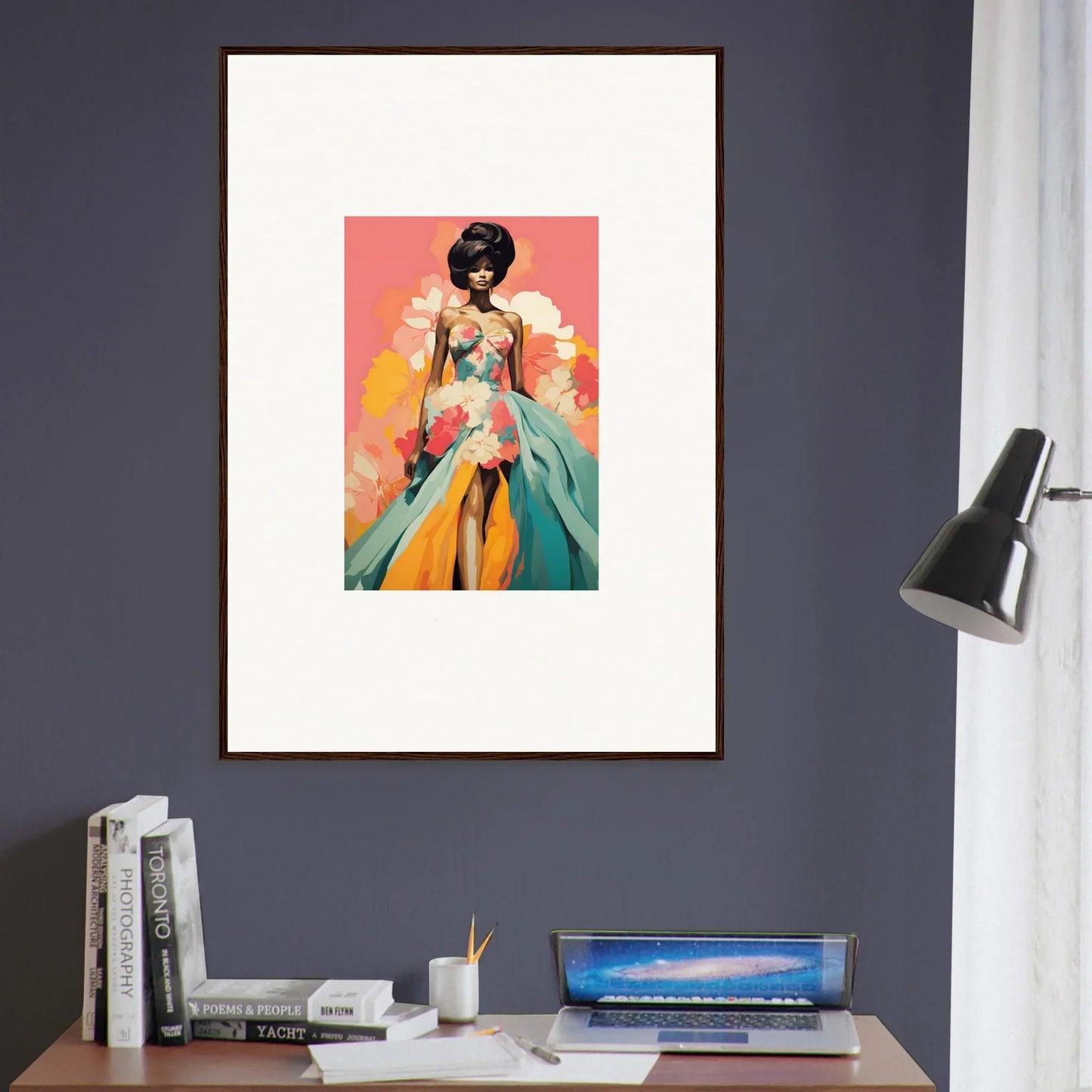 Framed wall art of a figure in a turquoise gown from Petal Encounters Masquerade