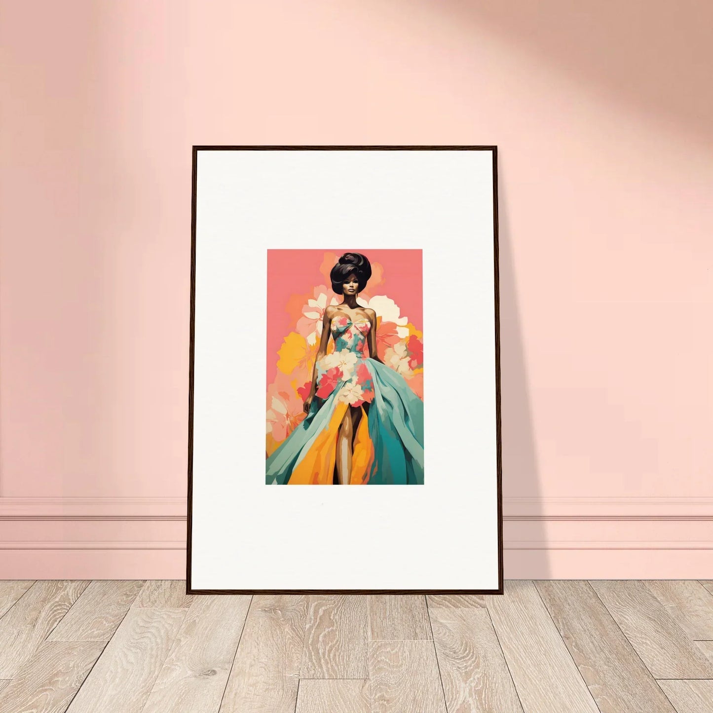 Framed wall art of Petal Encounters Masquerade with vibrant figure on coral background