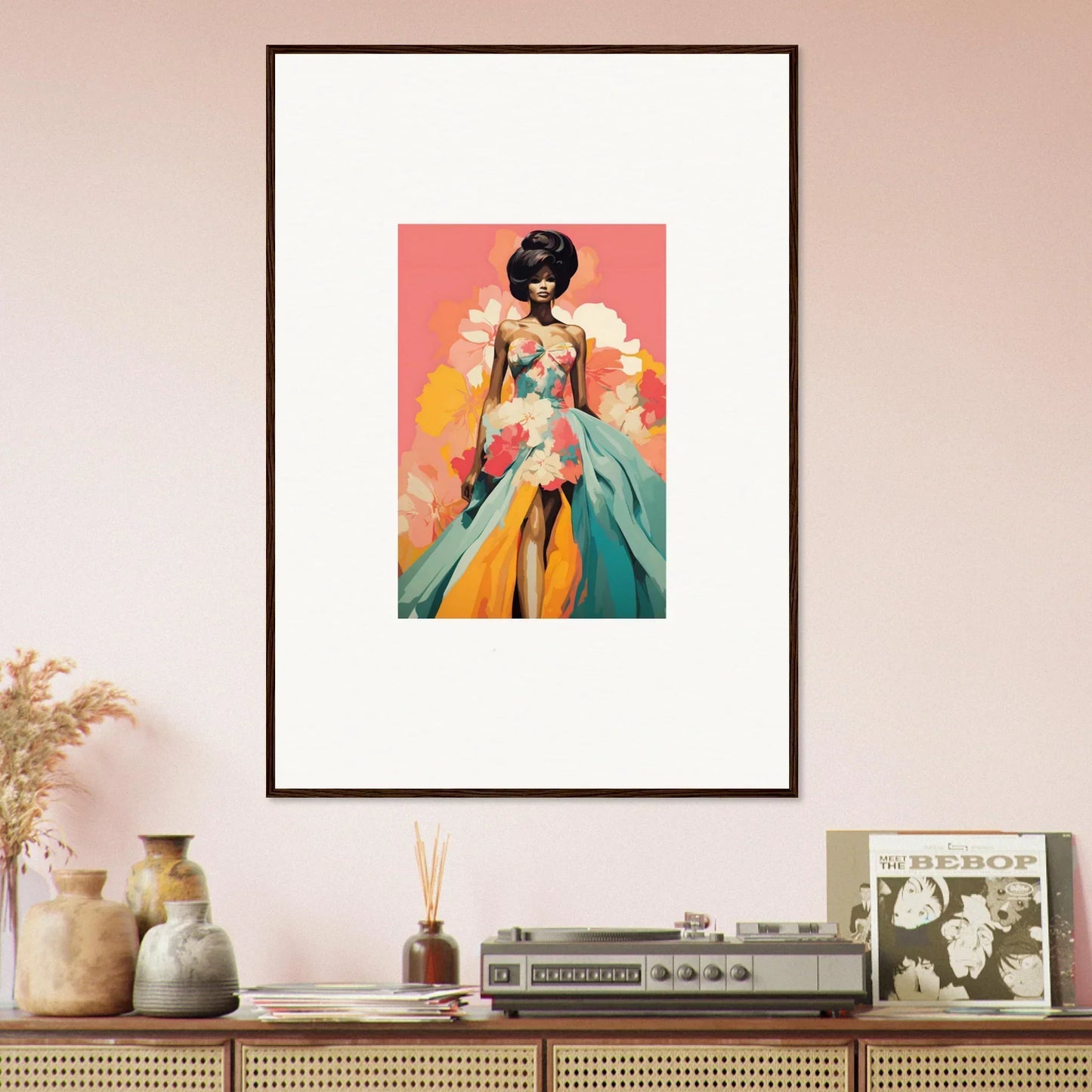 Framed wall art of a figure in turquoise dress from Petal Encounters Masquerade