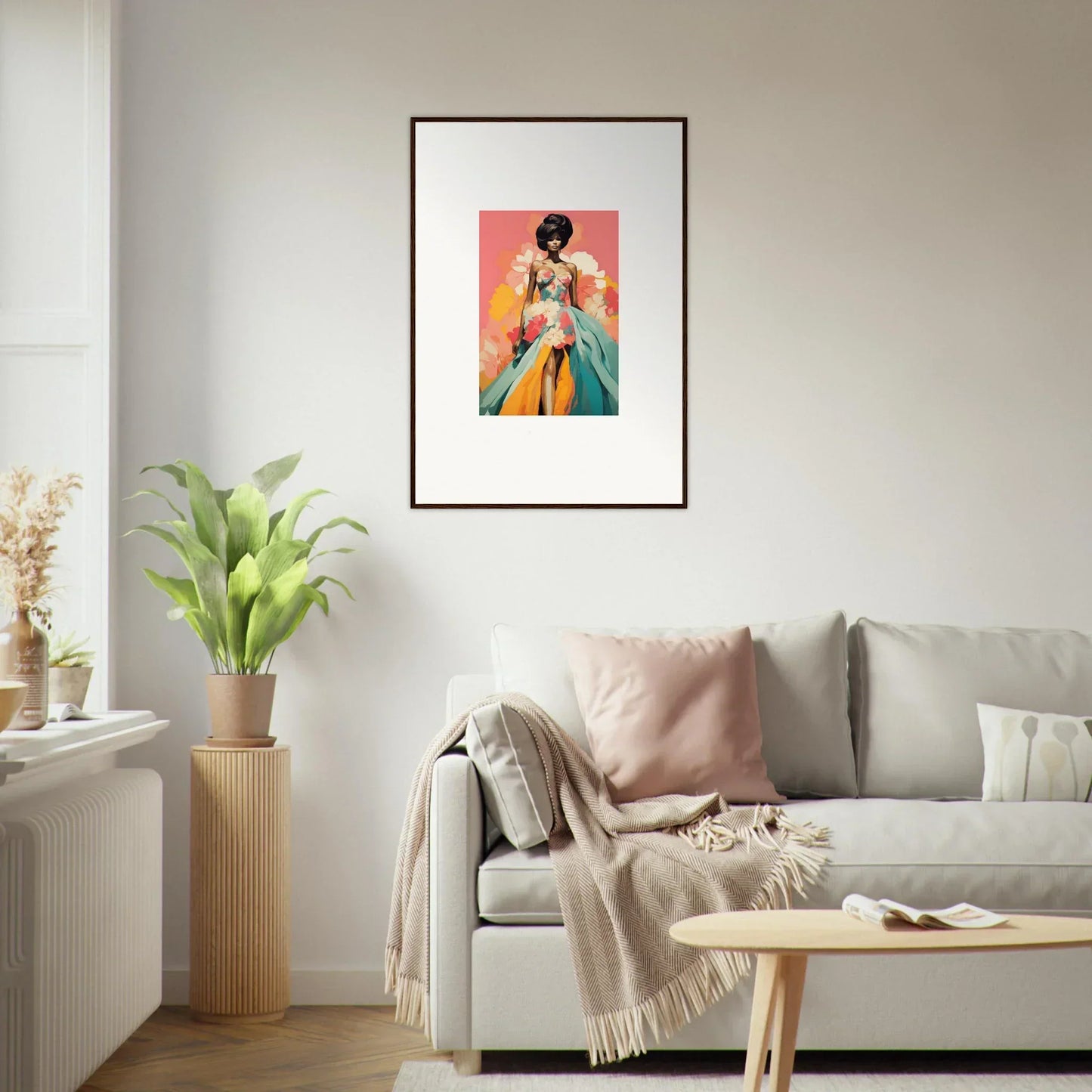 Framed wall art from Petal Encounters Masquerade with vibrant figure in teal and yellow