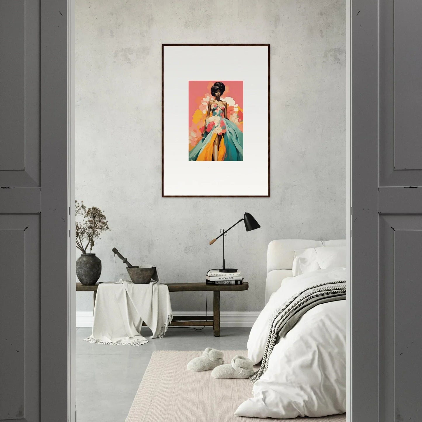 Framed wall art of Petal Encounters Masquerade with vibrant orange and turquoise tones