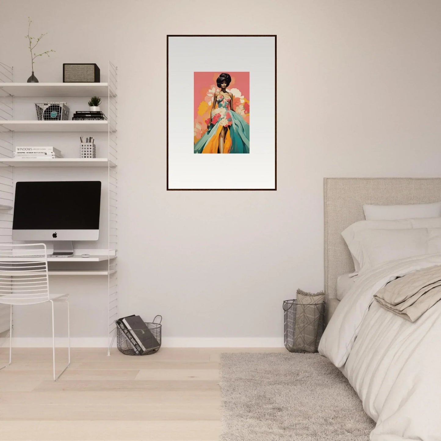 Framed wall art of a figure in yellow dress on pink turquoise for Petal Encounters Masquerade