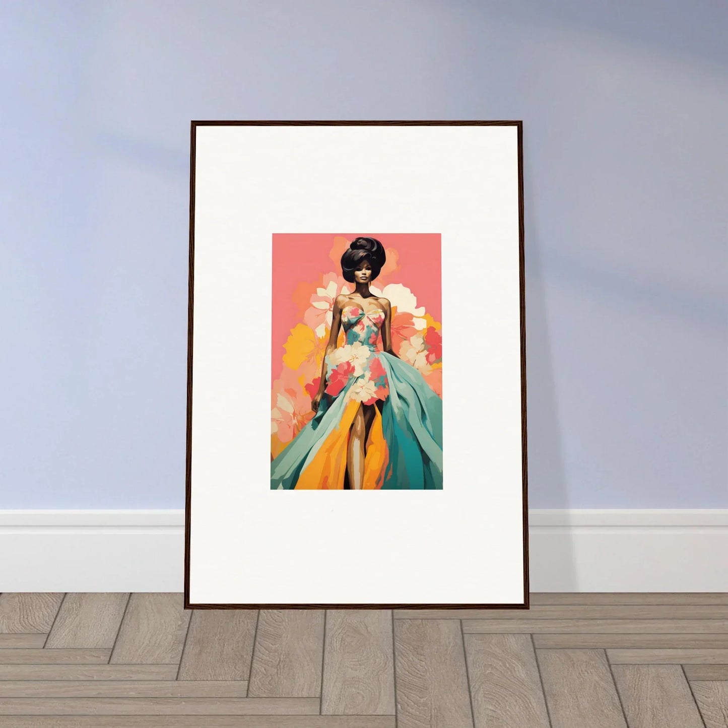 Framed wall art of Petal Encounters Masquerade with a figure in a vibrant dress