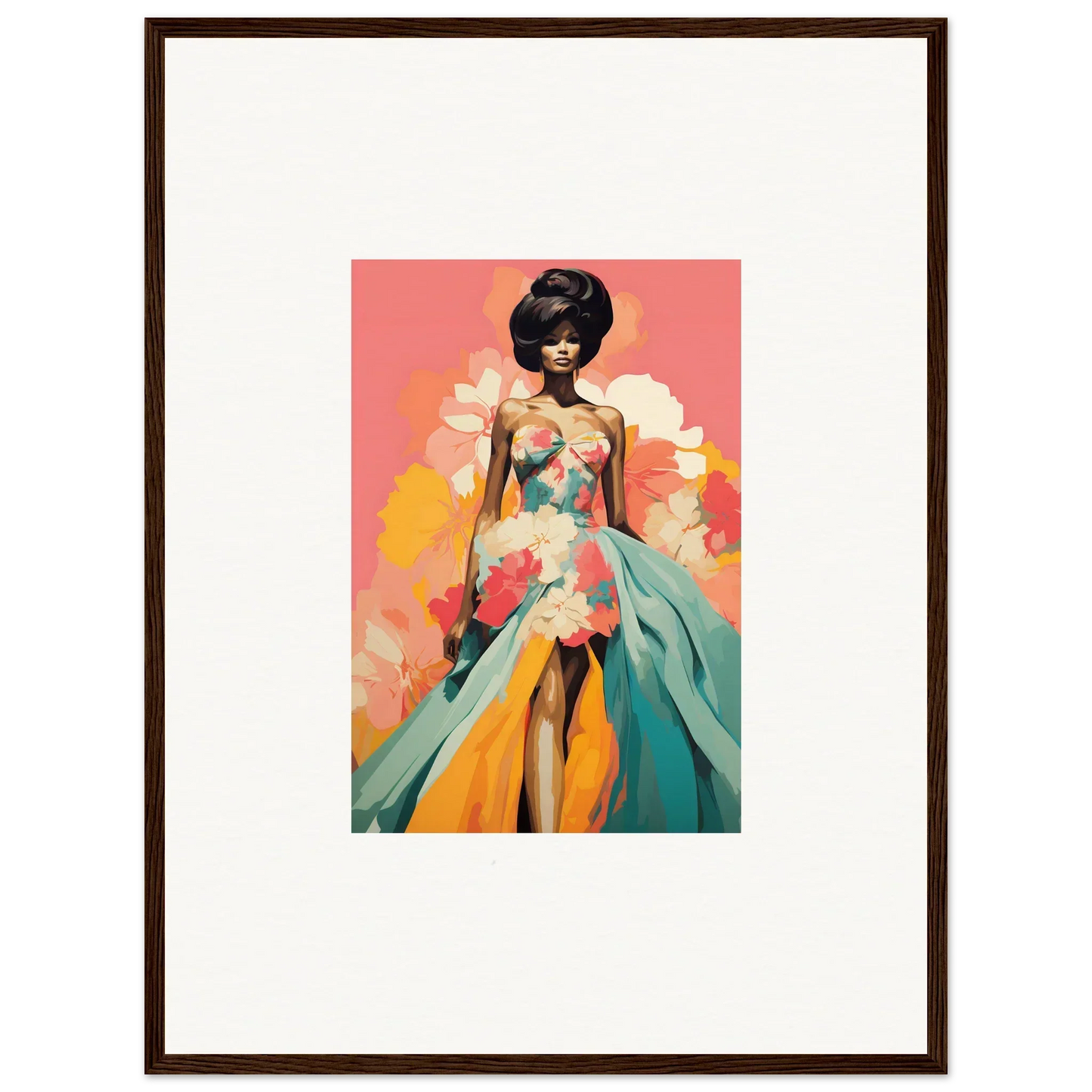 Framed wall art of Petal Encounters Masquerade with a figure in a turquoise gown