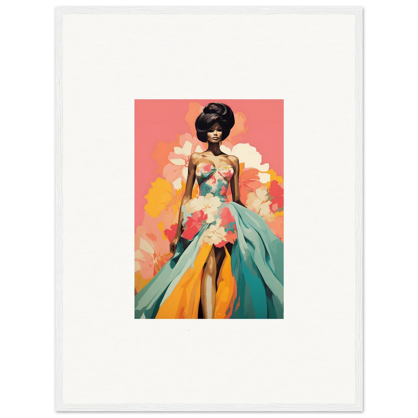 Fashion illustration of Petal Encounters Masquerade gown in turquoise and orange