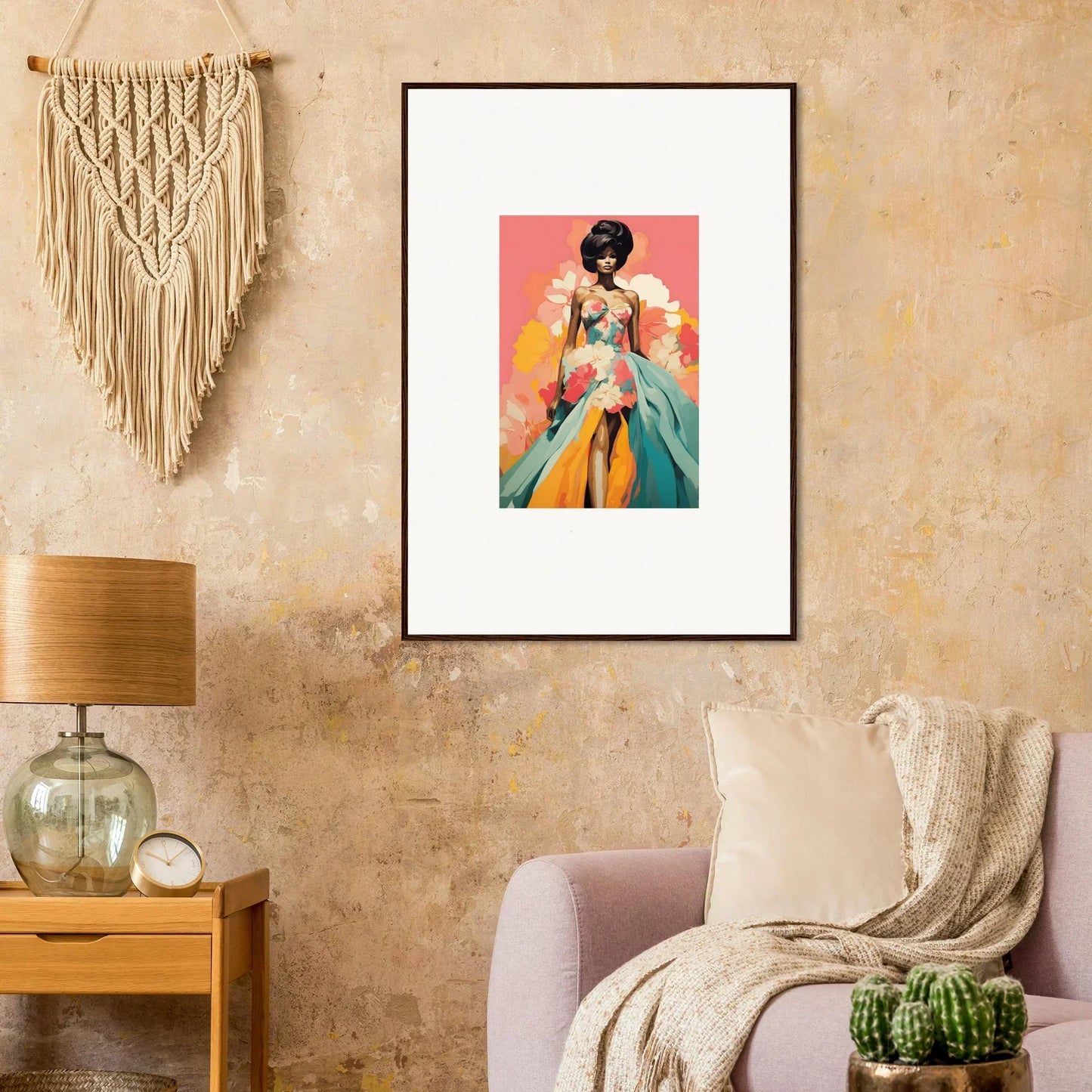 Framed wall art from Petal Encounters Masquerade featuring a figure in vibrant fabrics