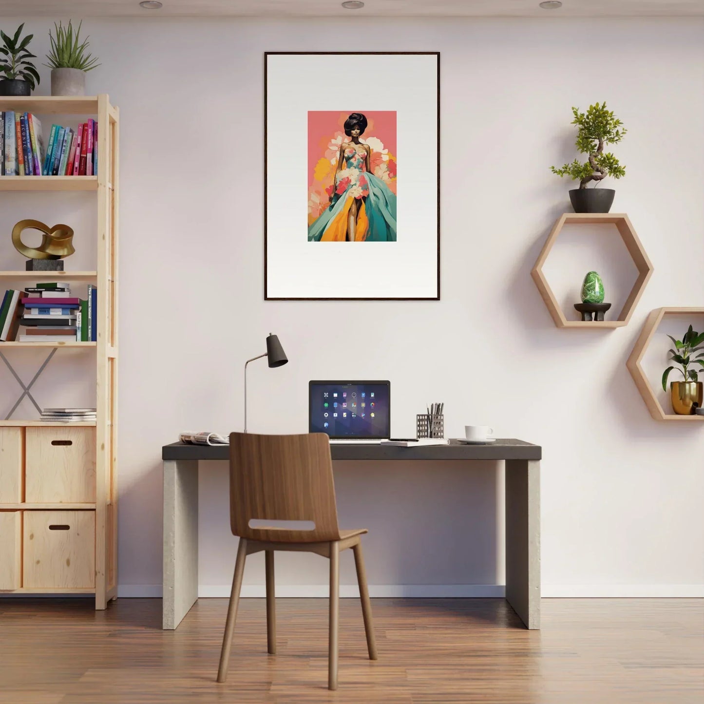Cozy home office with dark desk and wooden chair featuring Petal Encounters Masquerade