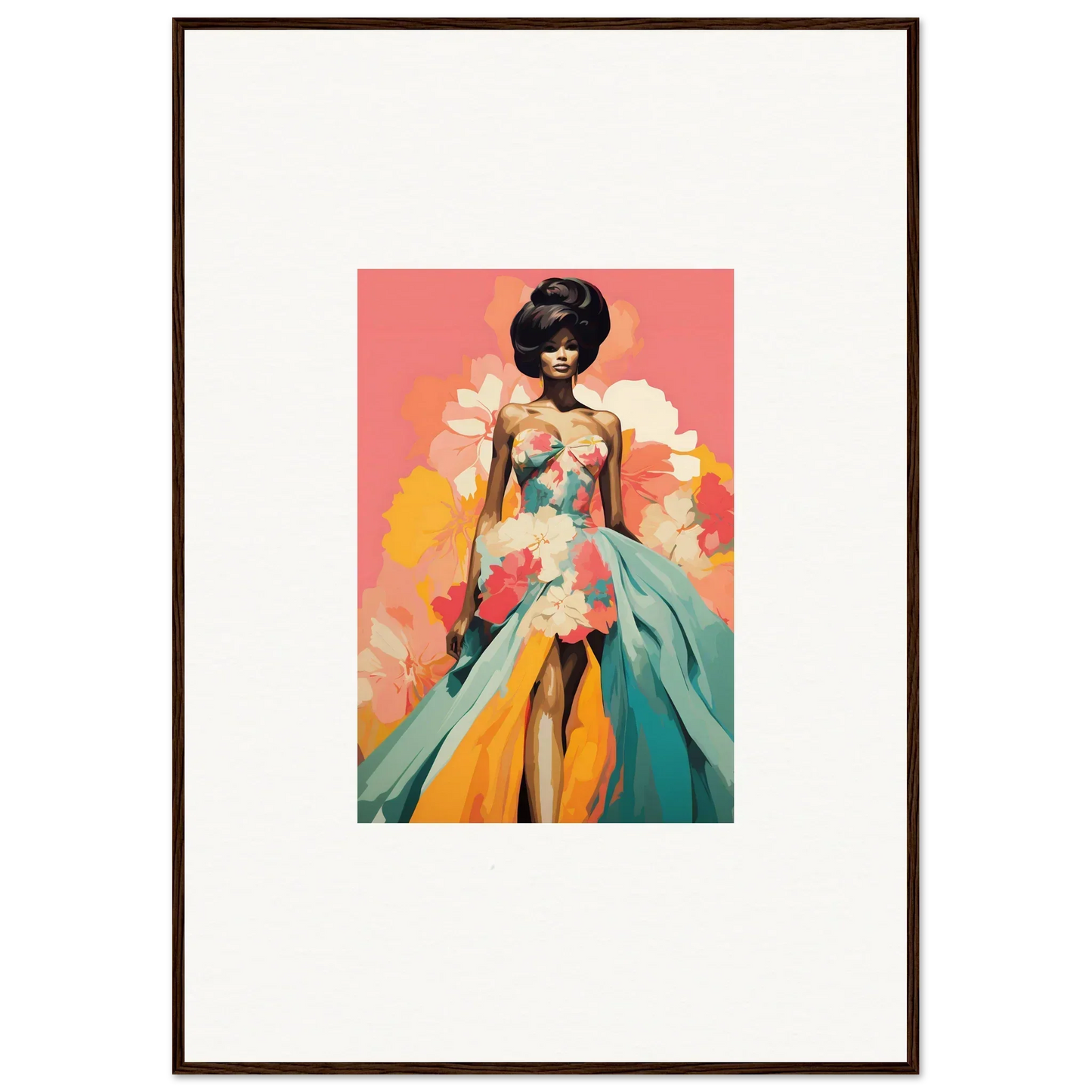 Flowing turquoise and orange gown, Petal Encounters Masquerade framed wall art