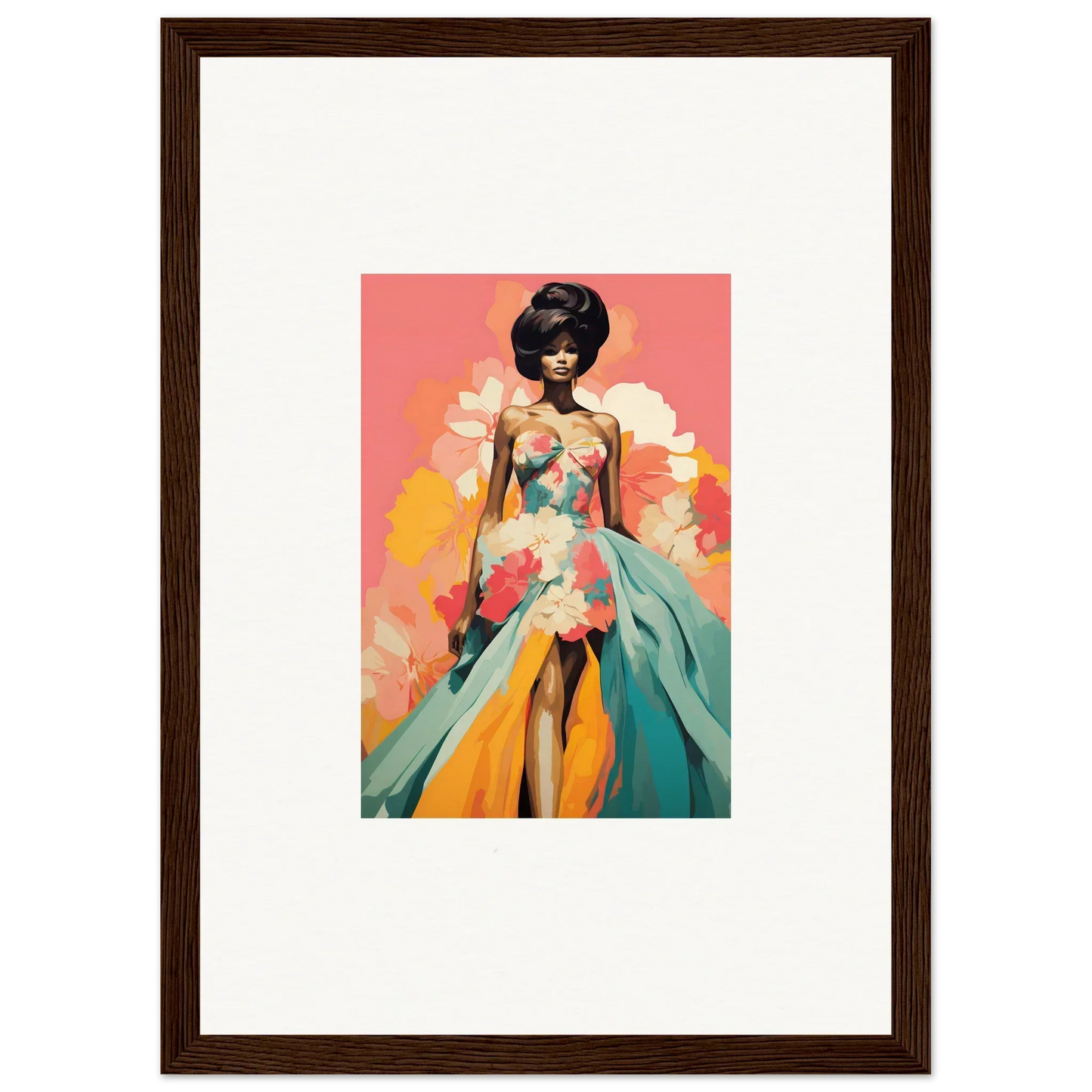Framed wall art of a figure in a turquoise gown from Petal Encounters Masquerade