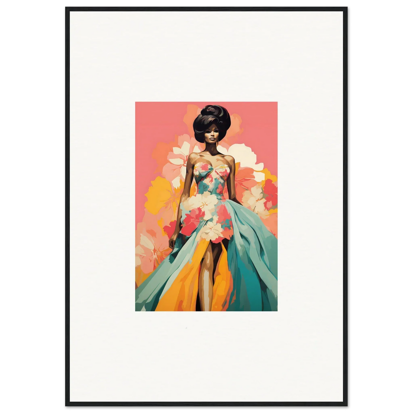 A figure in a turquoise and orange floral gown against a coral backdrop for Petal Encounters Masquerade framed wall art