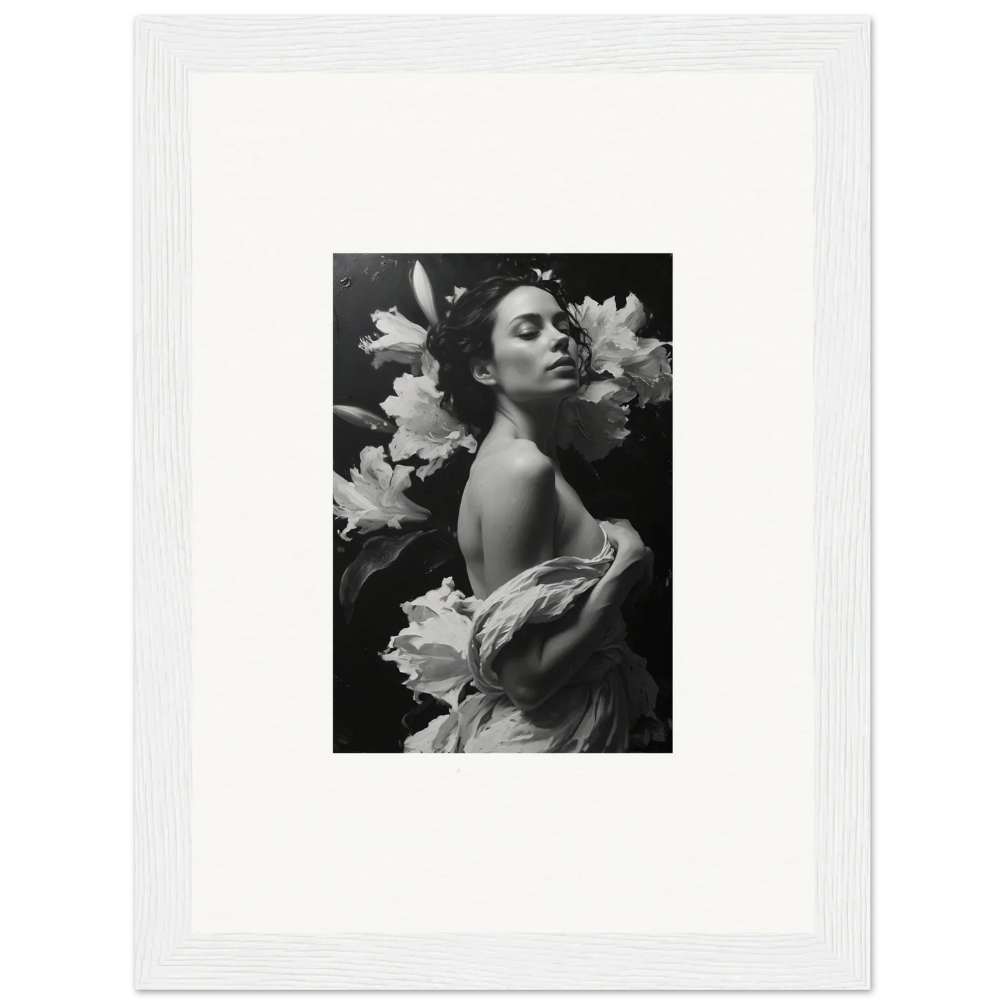 Black and white canvas print of a woman with flowers for unique room decoration, Essence Paragon