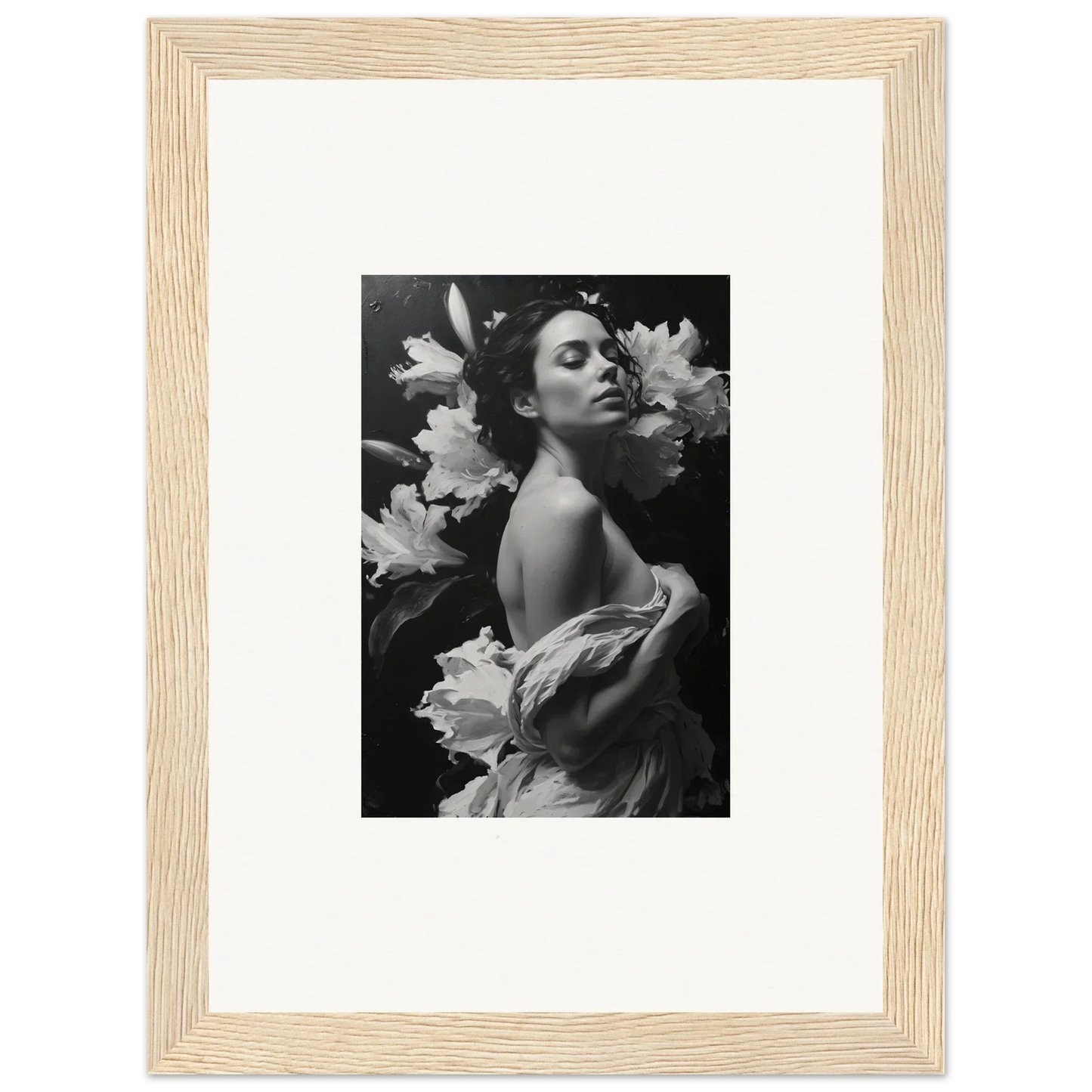 Framed black and white photograph of a woman with flowers, perfect for Room Decoration