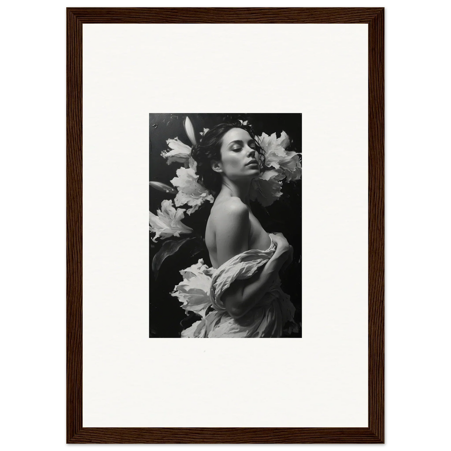 Black and white canvas print of a woman with flowers, perfect for room decoration