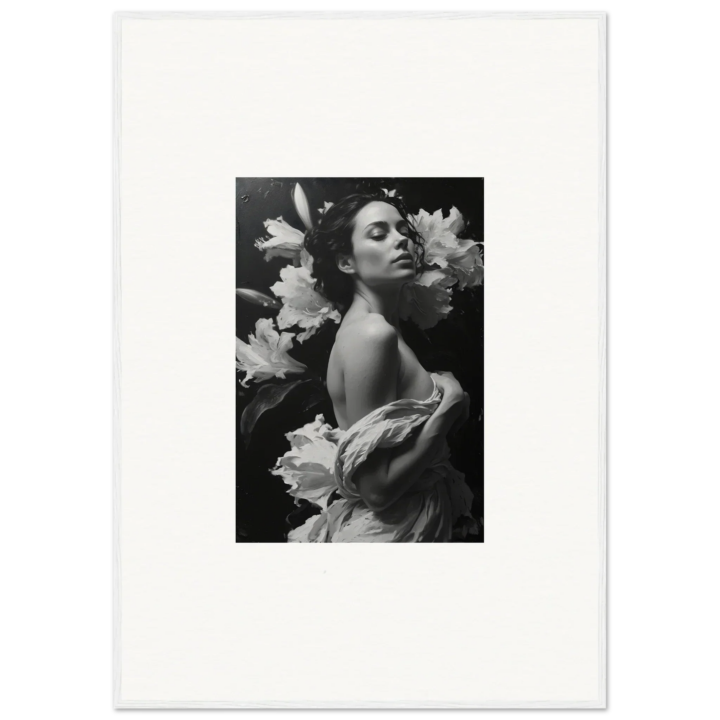 Black and white photo of a woman amid flowers, perfect for Room Decoration canvas print