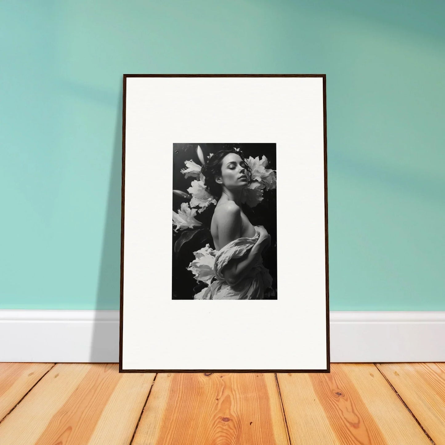 Framed black and white photo of a woman with flowers for stylish room decoration