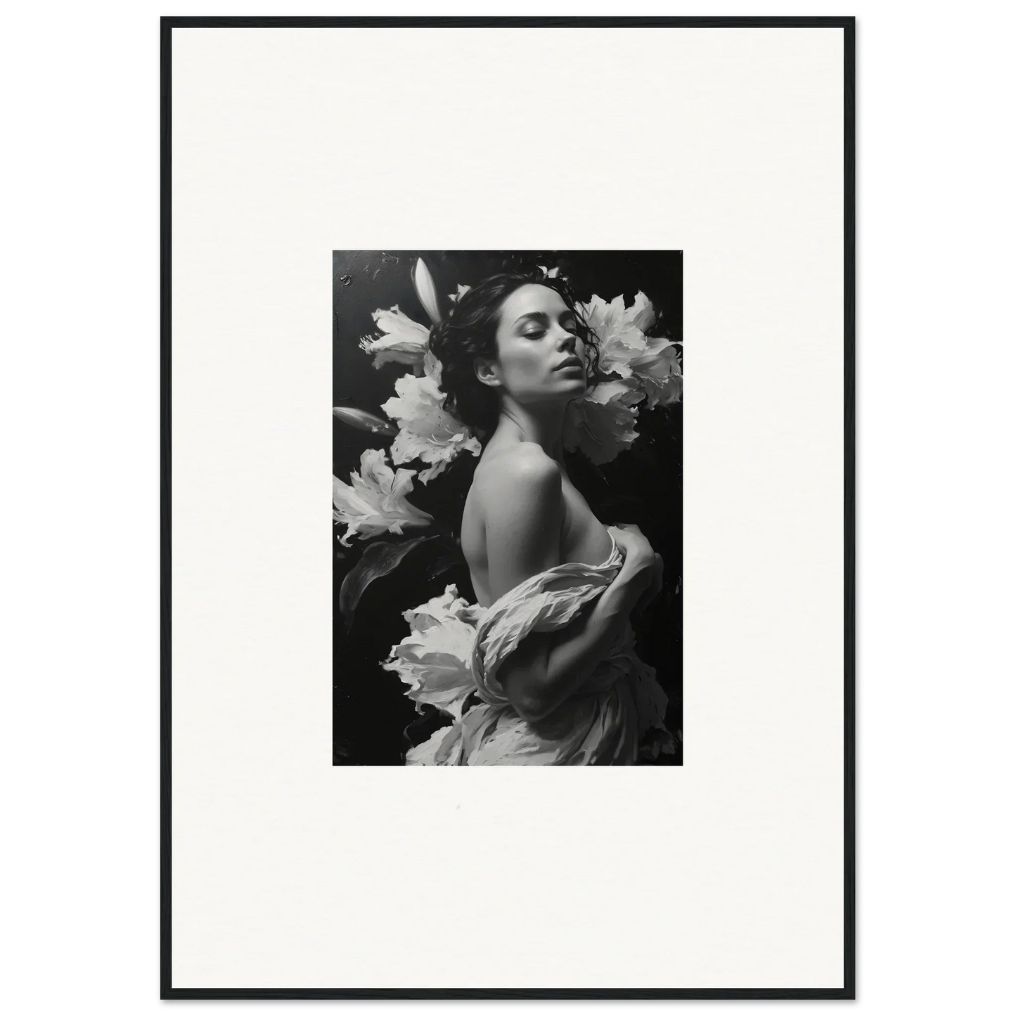 Black and white photo of a woman with flowers for stylish room decoration or canvas print