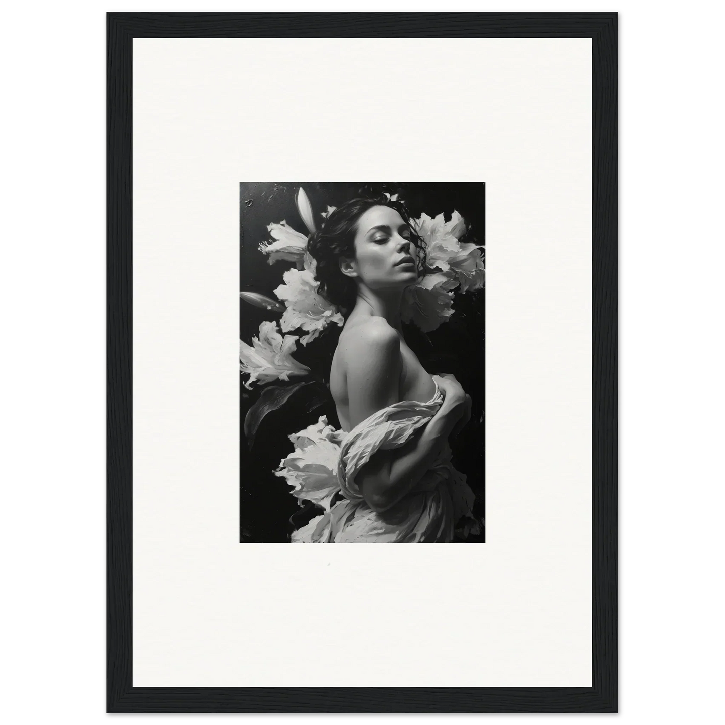 Black and white photo of a woman with flowers, perfect for Room Decoration and Essence Paragon