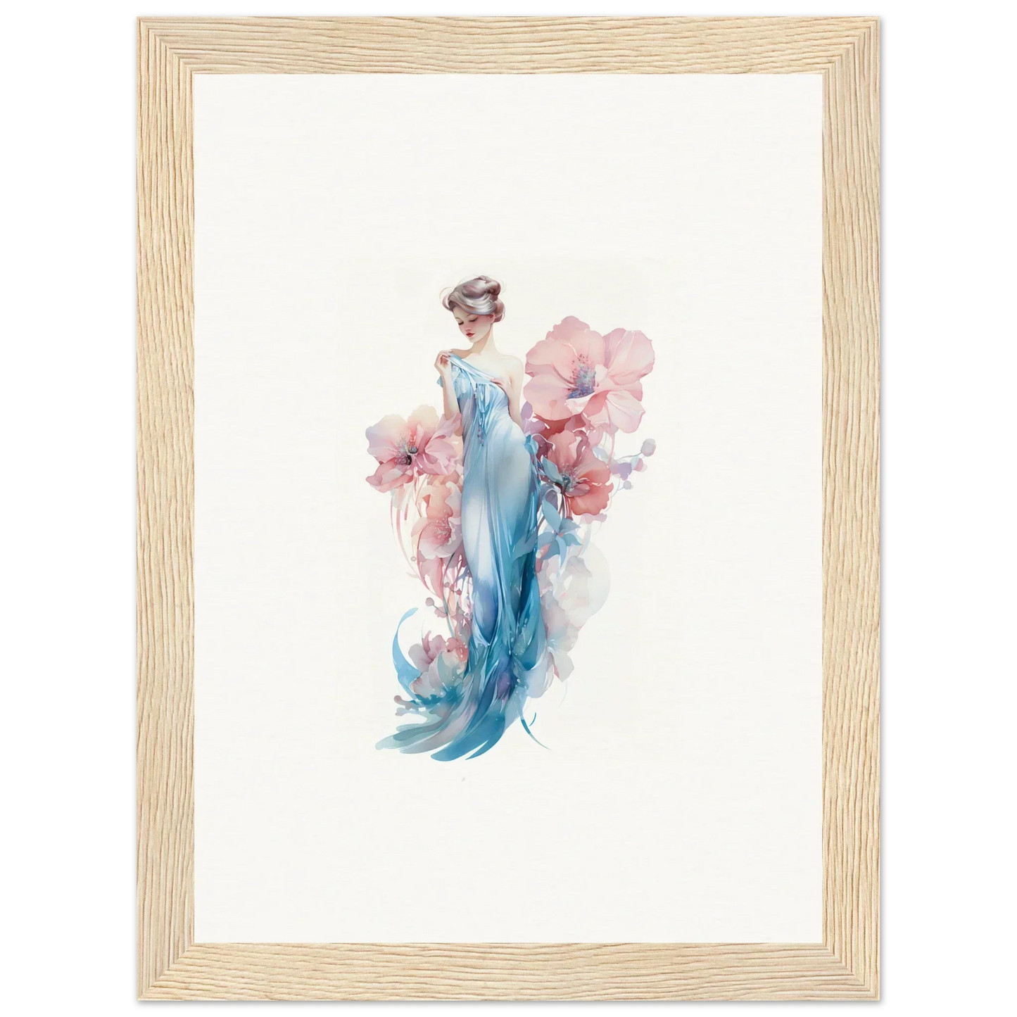 Watercolor wall art of a woman in blue dress amid pink flowers for room decoration