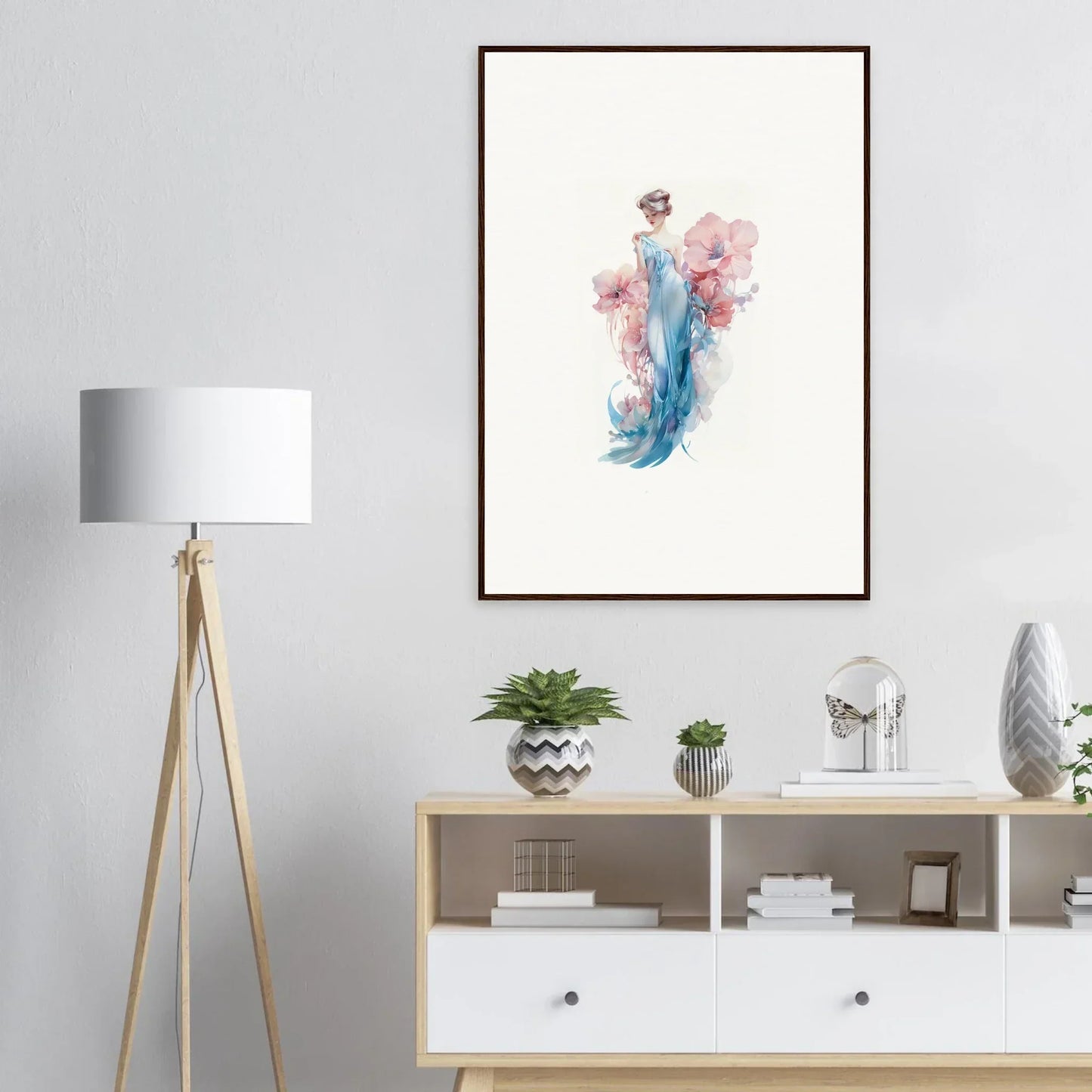 Framed watercolor wall art of an ethereal figure in blue and pink for room decoration
