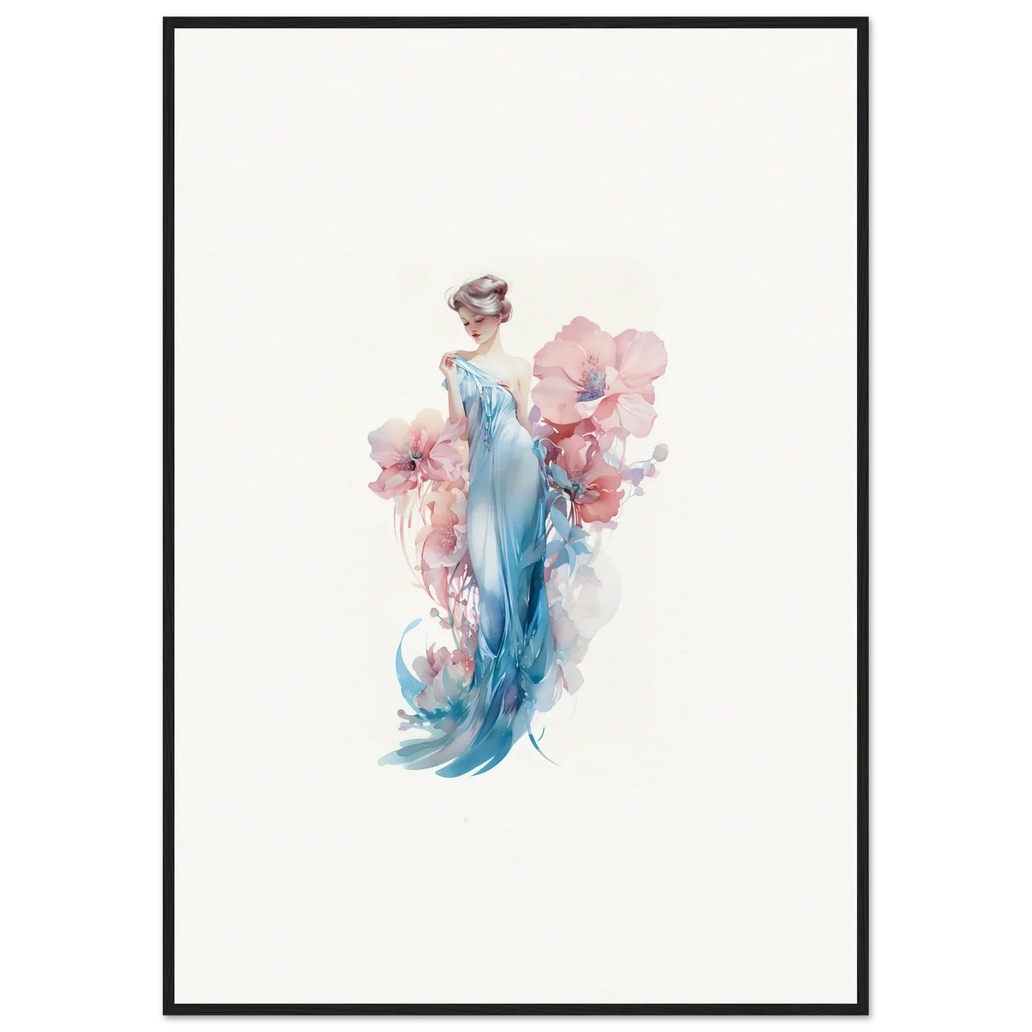 Watercolor wall art of a woman in blue dress with pink flowers for room decoration
