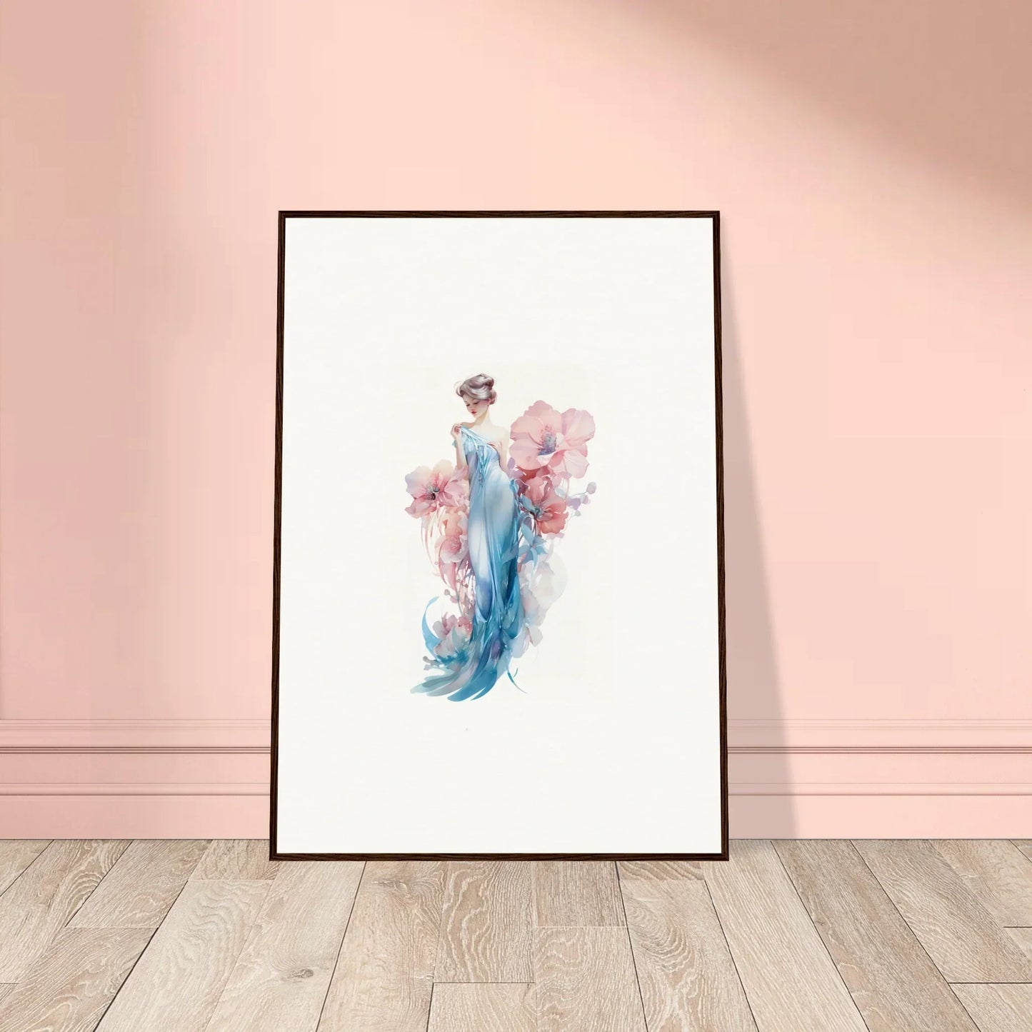 Framed watercolor wall art of a figure in blue dress with pink flowers, perfect for room decoration