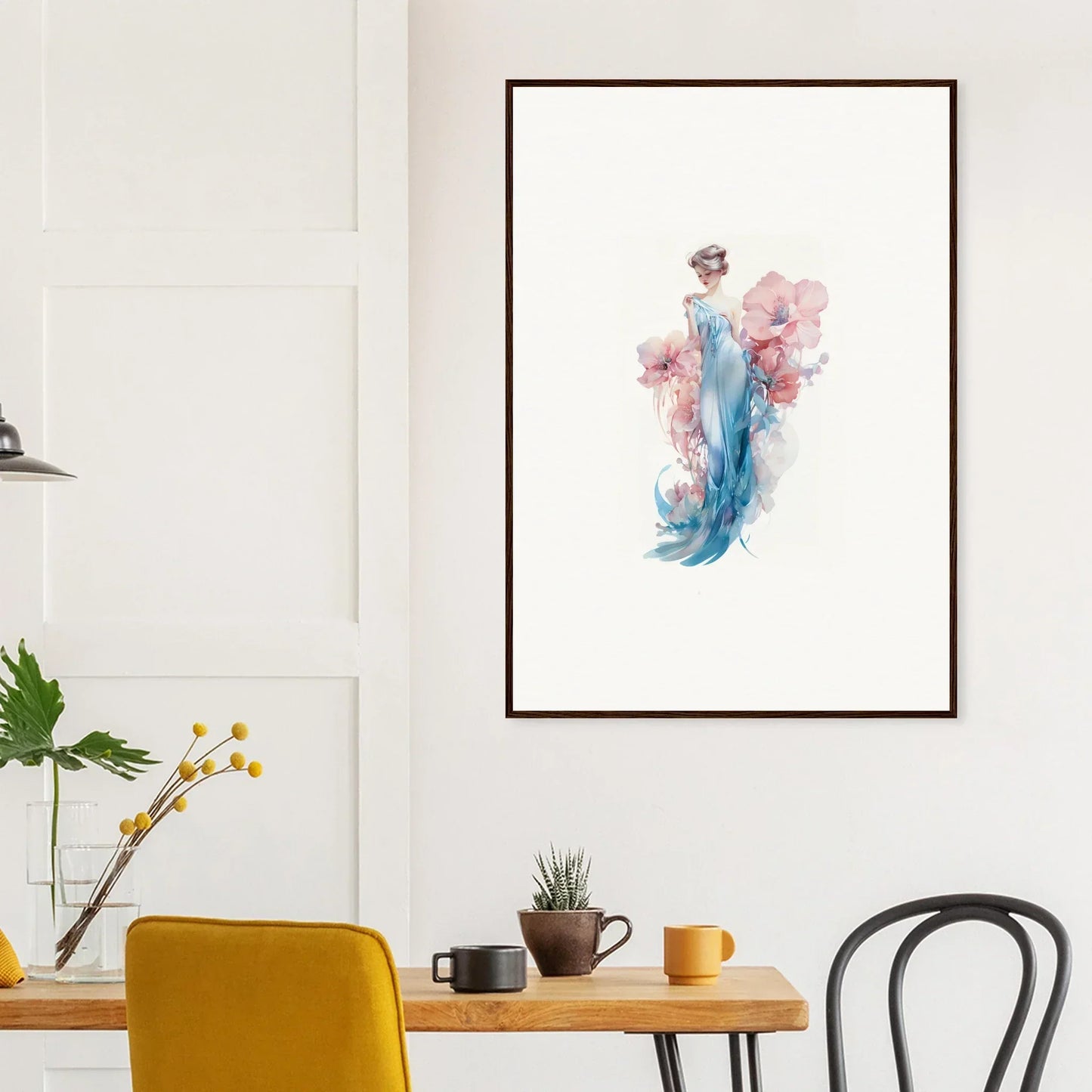 Framed watercolor wall art of a figure in a blue dress for chic room decoration