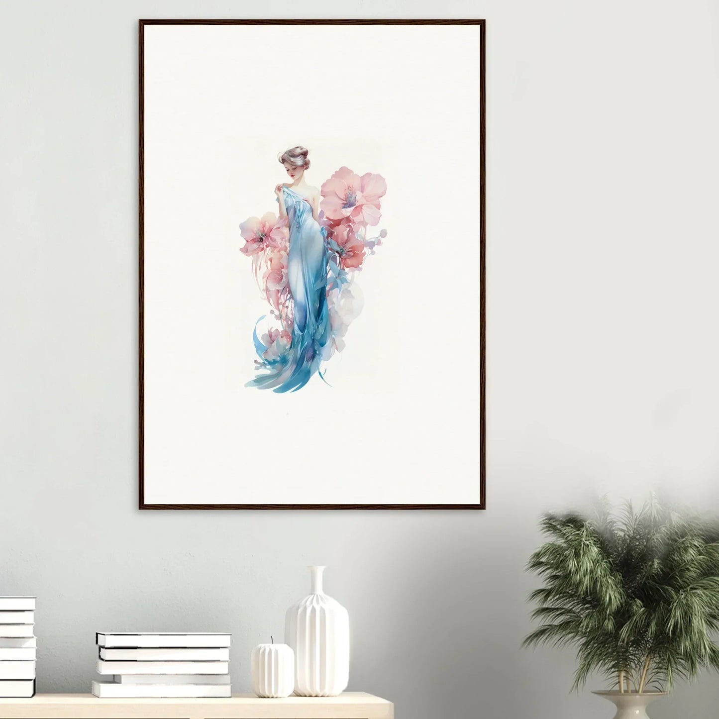 Watercolor wall art of a figure in blue dress amidst pink flowers for room decoration