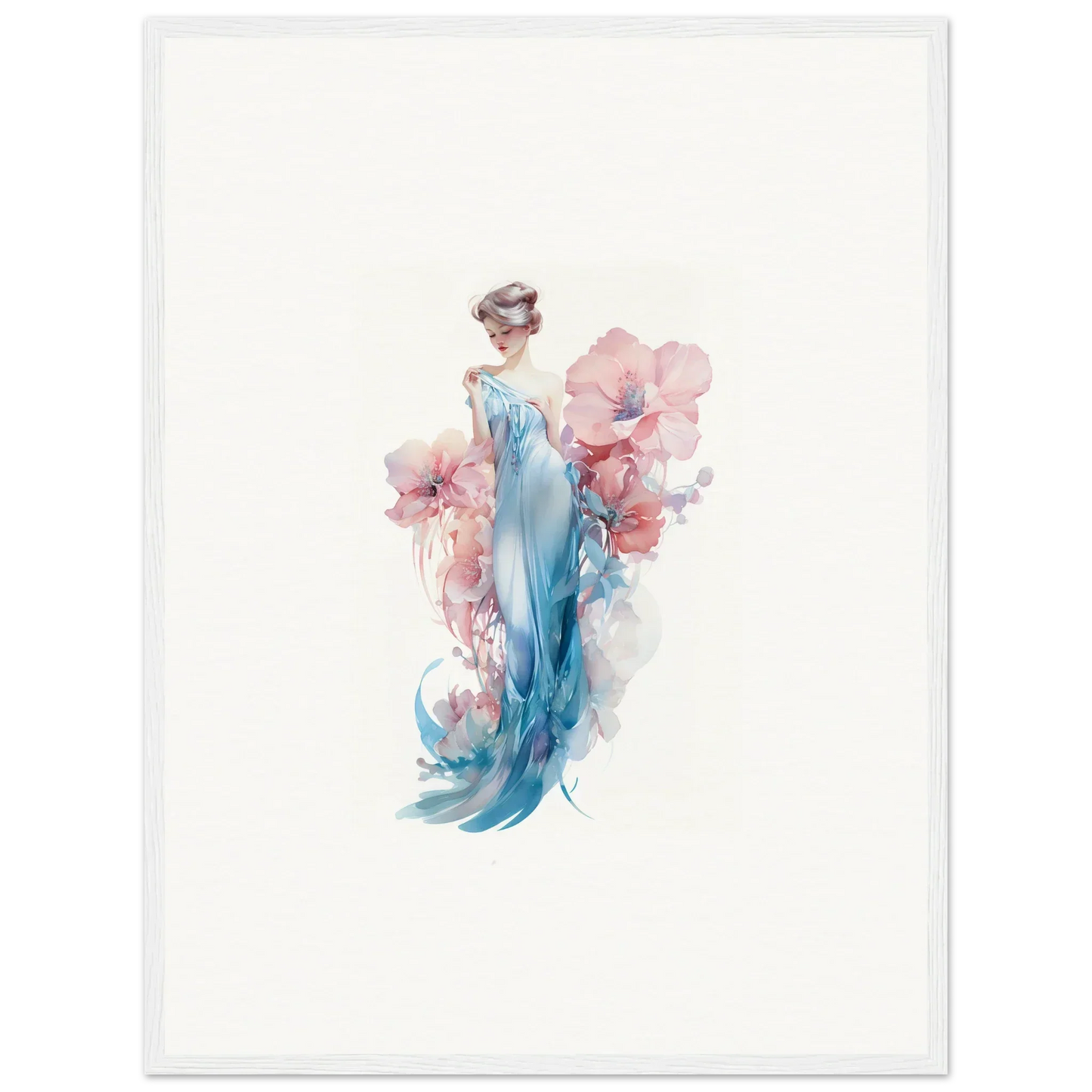 Watercolor canvas print of a woman in a blue dress with pink flowers for room decoration